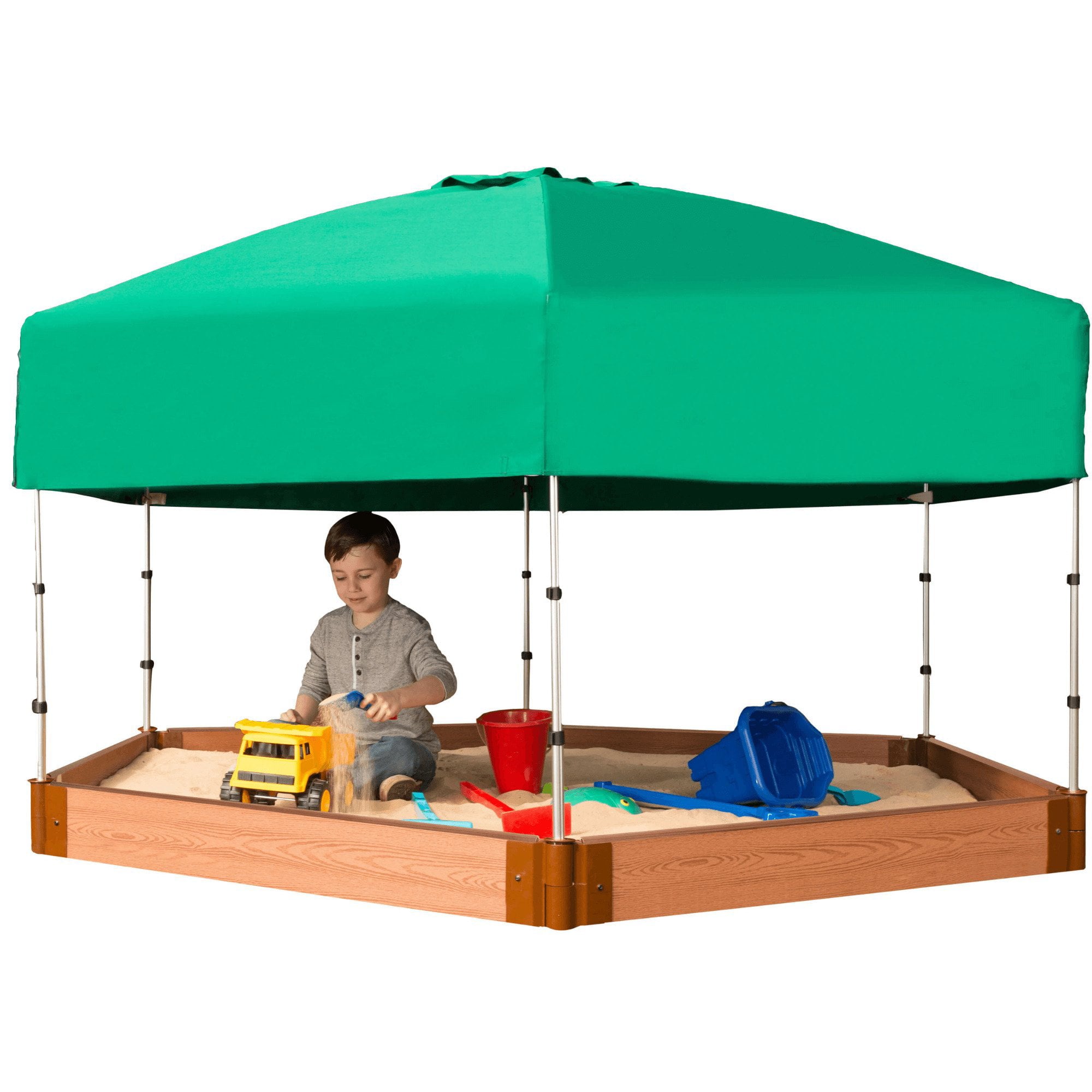Frame It All Tool-Free Classic Sienna 7ft. x 8ft. x 5.5 in. Composite Hexagon Sandbox Kit with Telescoping Canopy/Cover - 1