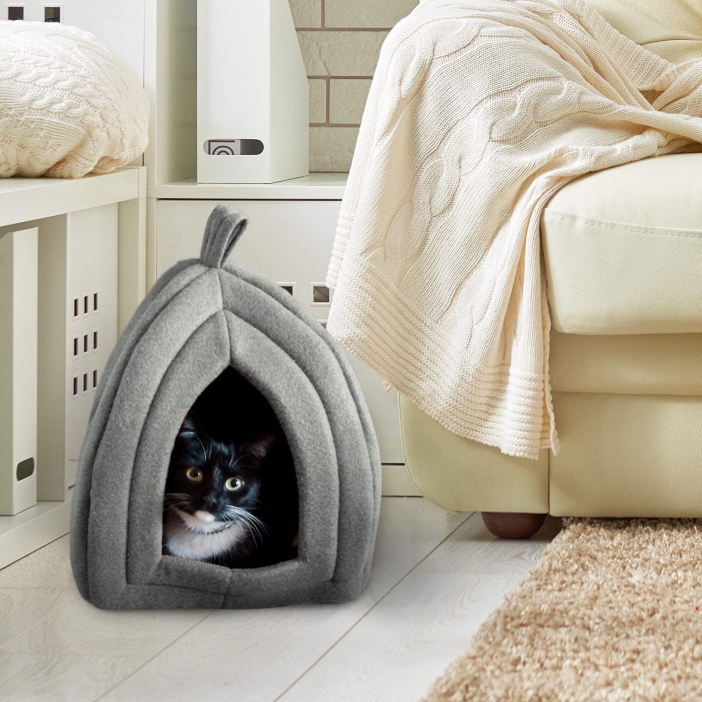 Cat House - Indoor Bed with Removable Foam Cushion - Pet Tent for Puppies， Rabbits， Guinea Pigs， Hedgehogs， and Other Small Animals by PETMAKER (Gray)