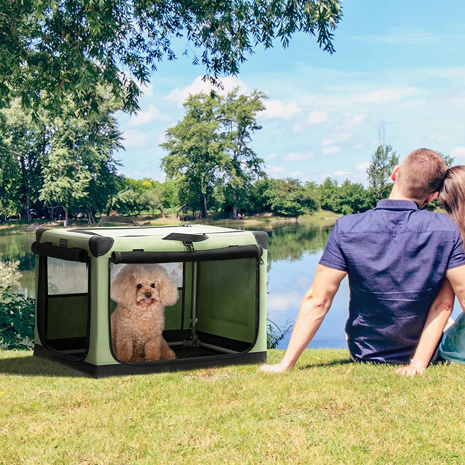 Small Dog Crate， Adjustable Fabric Cover by Spiral Iron Pipe， Strengthen Sewing Escape Proof Dog Crate 3 Door Design