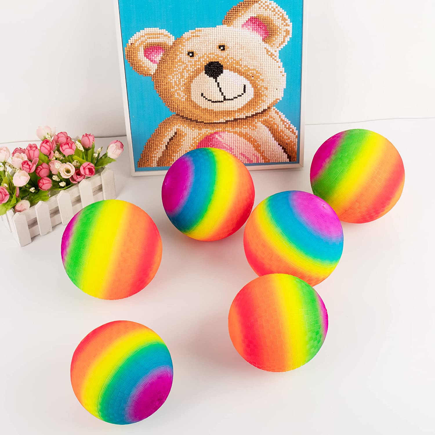 Homotte 6 Pcs Rainbow Playground Balls for Kids， 5 Inch Kickball Dodgeball Handball Set for Indoor and Outdoor Activities with Hand Pump