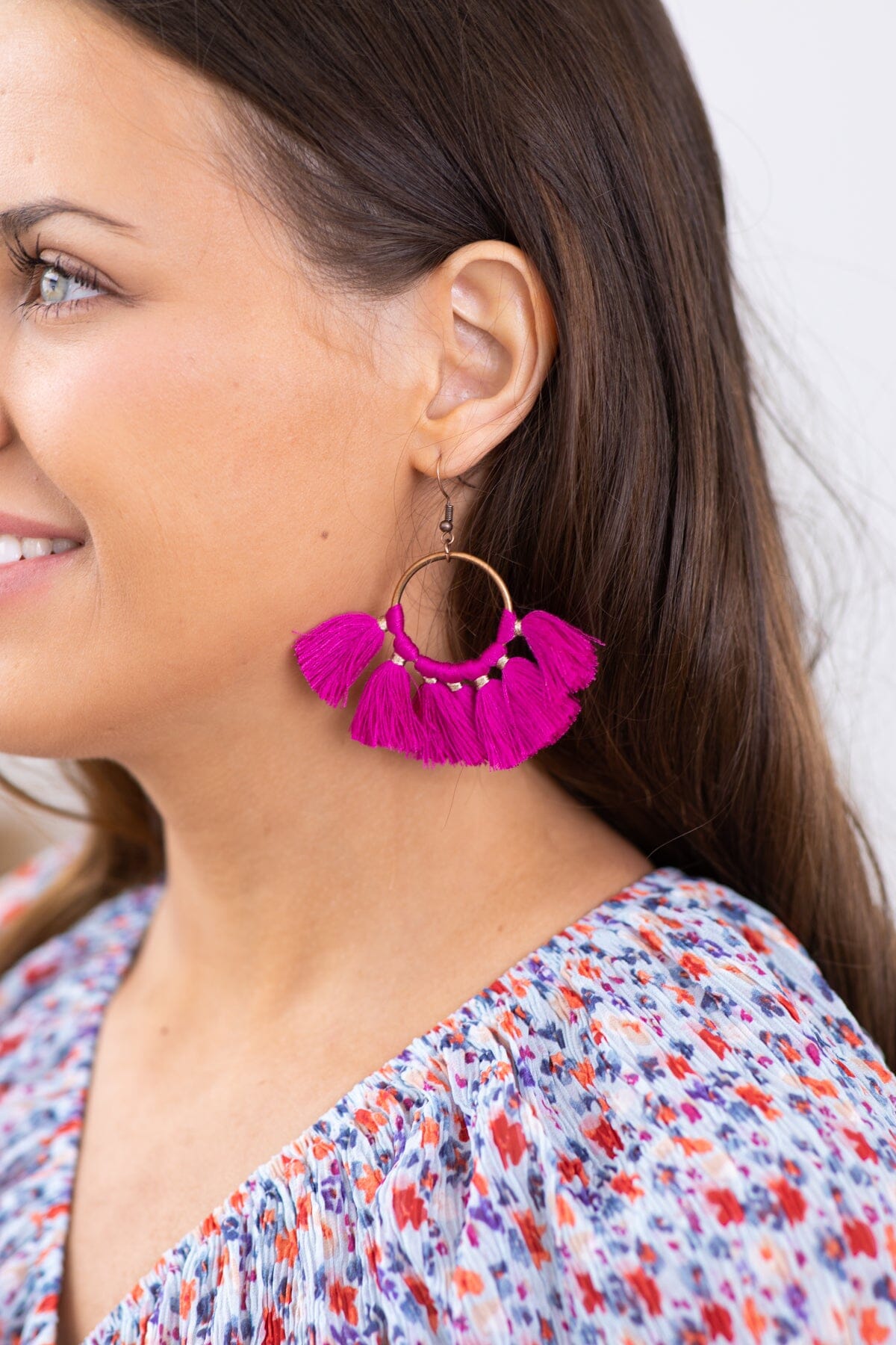 Fuchsia and Bronze Fan Tassel Earrings