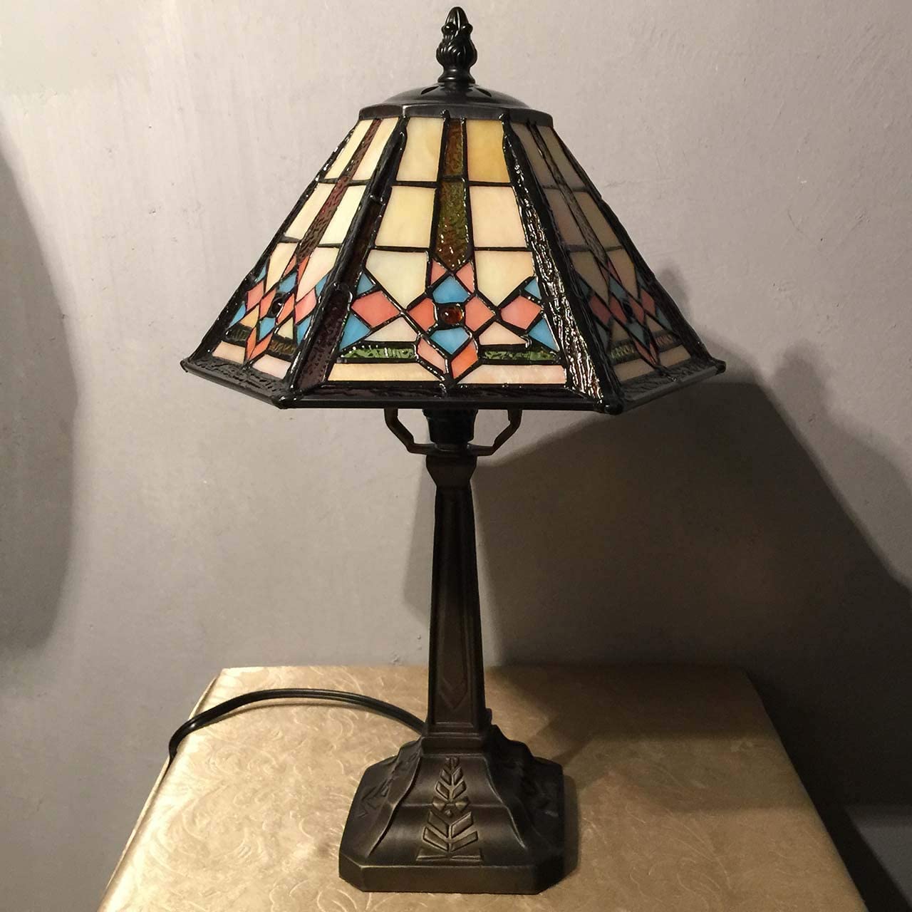 SHADY L10791 Mission Style Table Lamp  Stained Glass Night Light with Hexagonal Cone Lampshade  10" W x 16" H