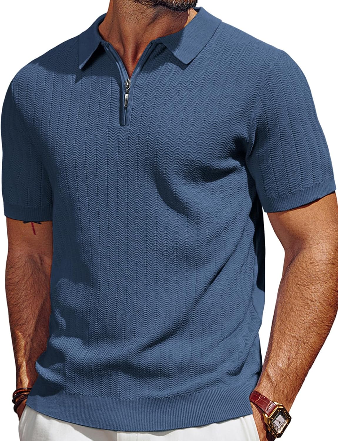 Men's Polo Shirts Quarter Zip Textured Knit Shirts Summer Shirt