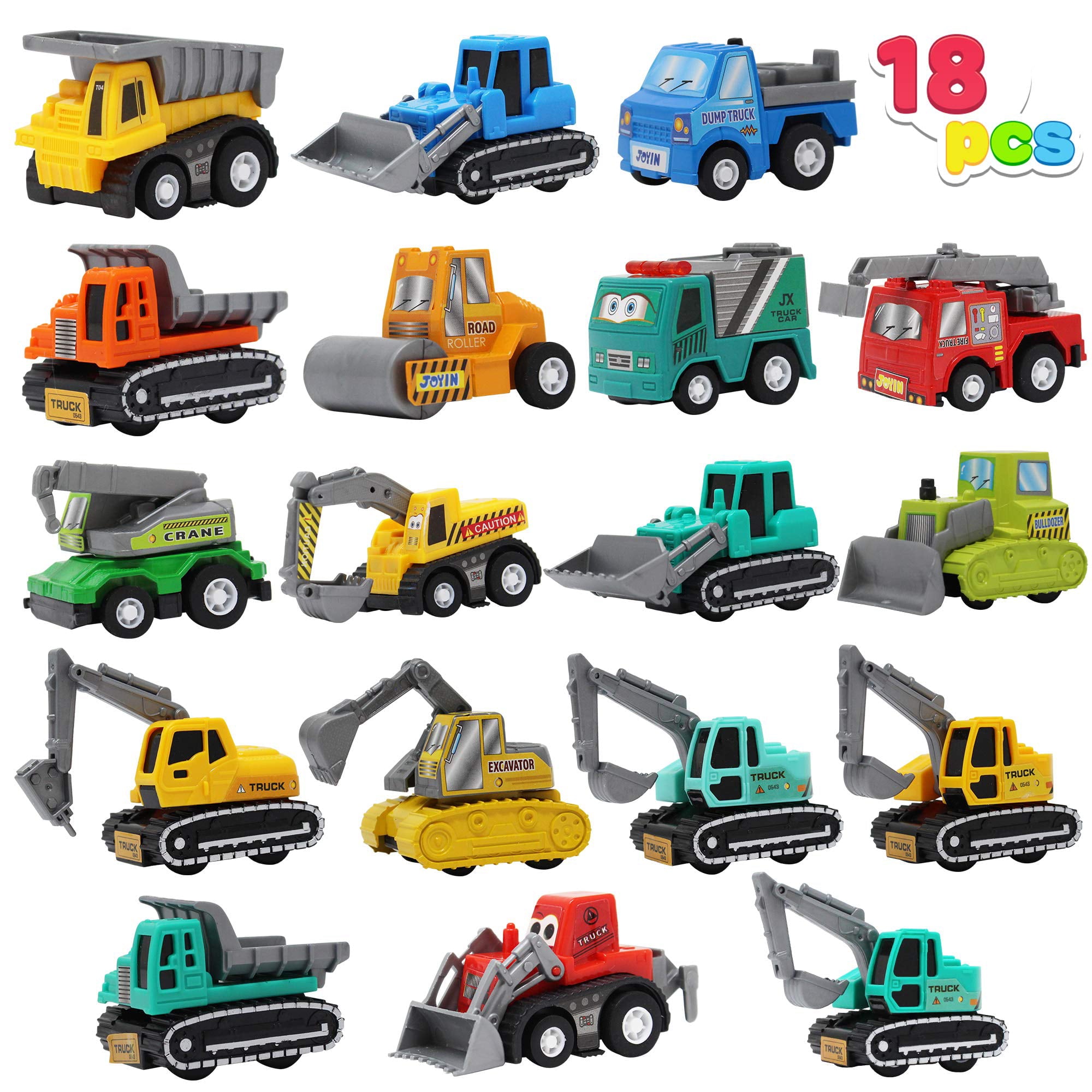 JOYIN 18 PCS Pull Back Car Assorted Mini Truck Model Car， Friction Powered Race Cars Vehicle Set for Toddlers， Boys， and Girls’ Educational Pretend Play