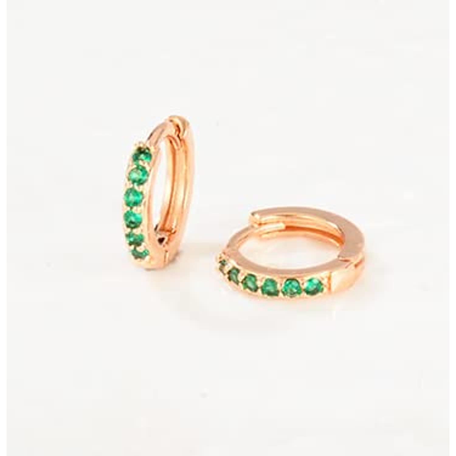 Green CZ Huggie Hoop Earrings， Second Hole Hoops， Cartilage Hoops， Small Helix Hoop， Conch Hoops， Tragus Hoop (Silver Green)