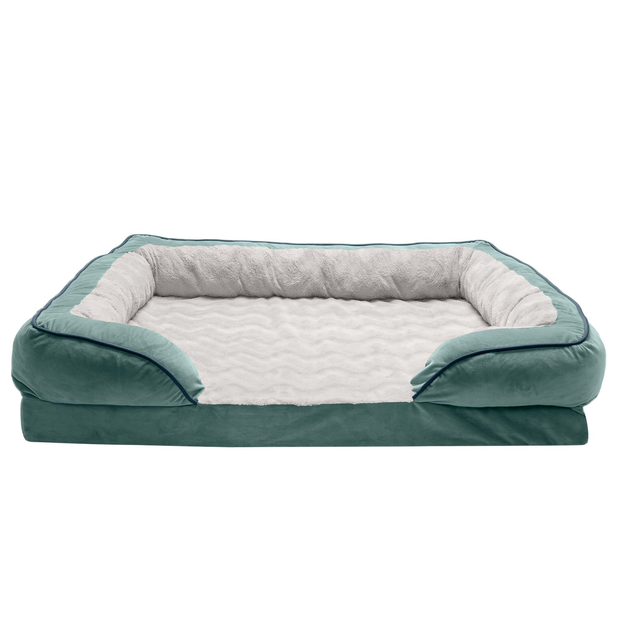 FurHaven Pet Products | Cooling Gel Memory Foam Orthopedic Perfect Comfort Velvet Waves Sofa-Style Couch Pet Bed for Dogs and Cats， Celadon Green， Jumbo Plus