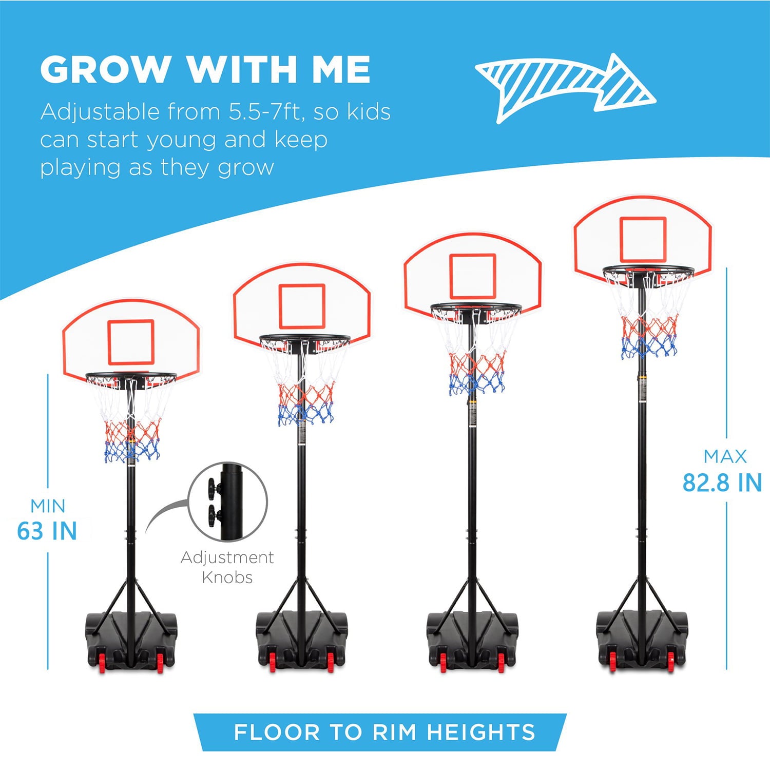 Inolait Portable Kids Junior Height-Adjustable(5.2 Ft-7 Ft) Basketball Hoop Stand Backboard System with Wheels