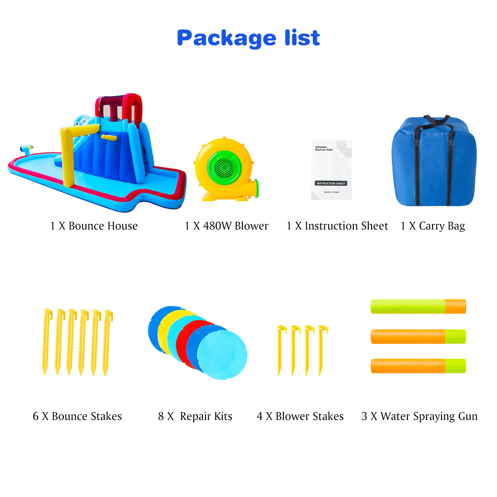 JOYLDIAS Kids Inflatable Bounce House Water Slide Bouncer Playhouse Castle with 3 Water Guns， Splash Pool， Climbing Wall， Basketball Hoop， Bag， Air Blower