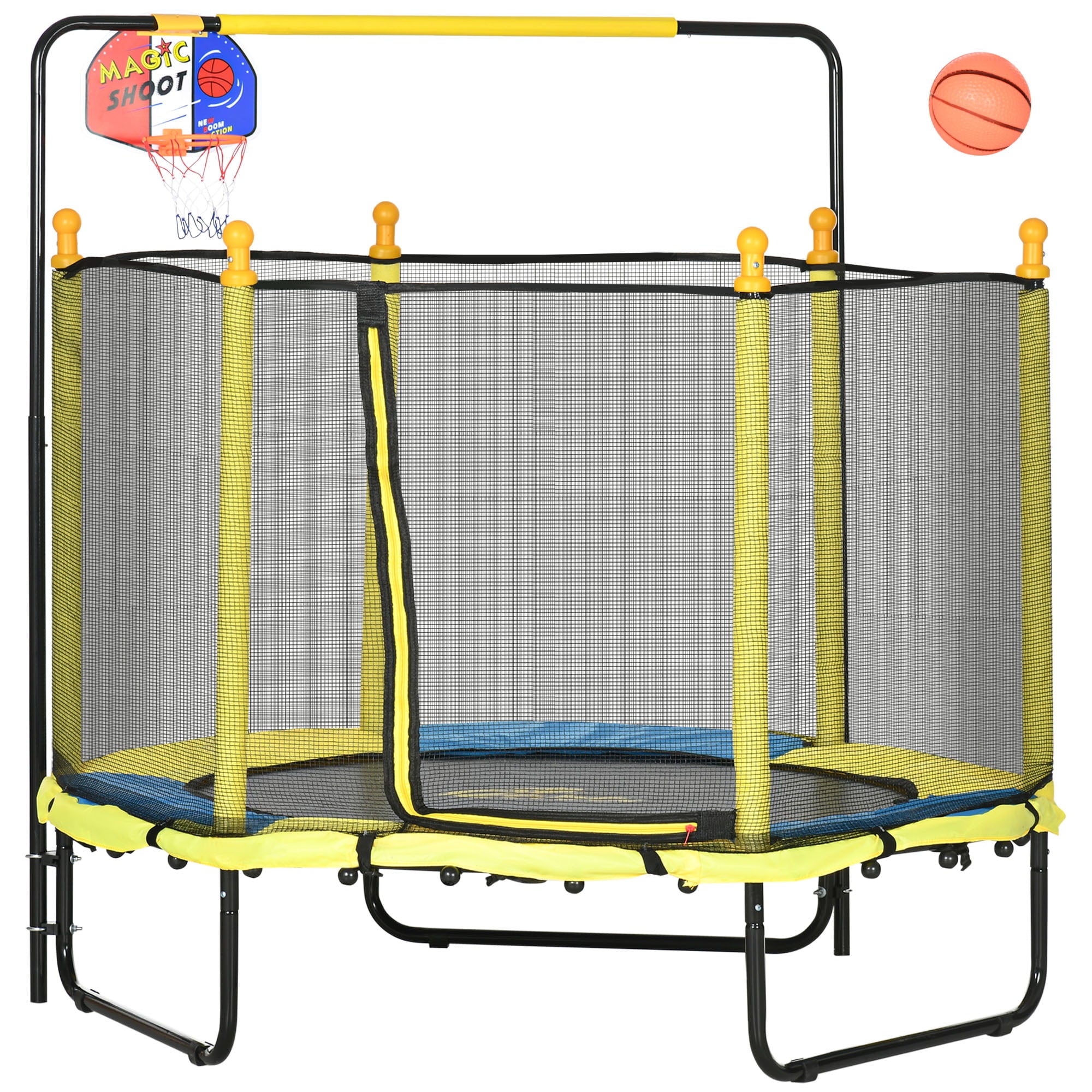 Qaba 4.6' Kids Trampoline with Basketball Hoop， Horizontal Bar， 55