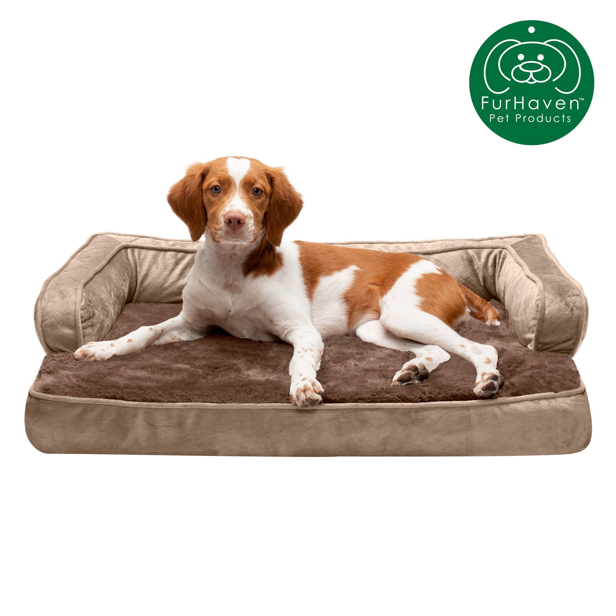 FurHaven Pet Products | Cooling Gel Memory Foam Orthopedic Plush and Velvet Comfy Couch Sofa-Style Pet Bed for Dogs and Cats， Almondine， Medium