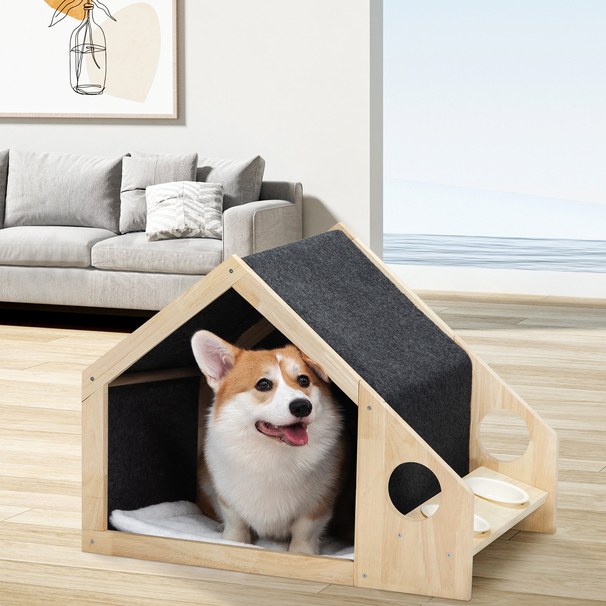 2-In-1 Wood Dog House Indoor; Cabin Dog Kennel with Cushioned Bed; Cover Scratcher; Feeding Bowls; Pet Habitat for Cats; Small and Medium Dogs; Natural and Gray