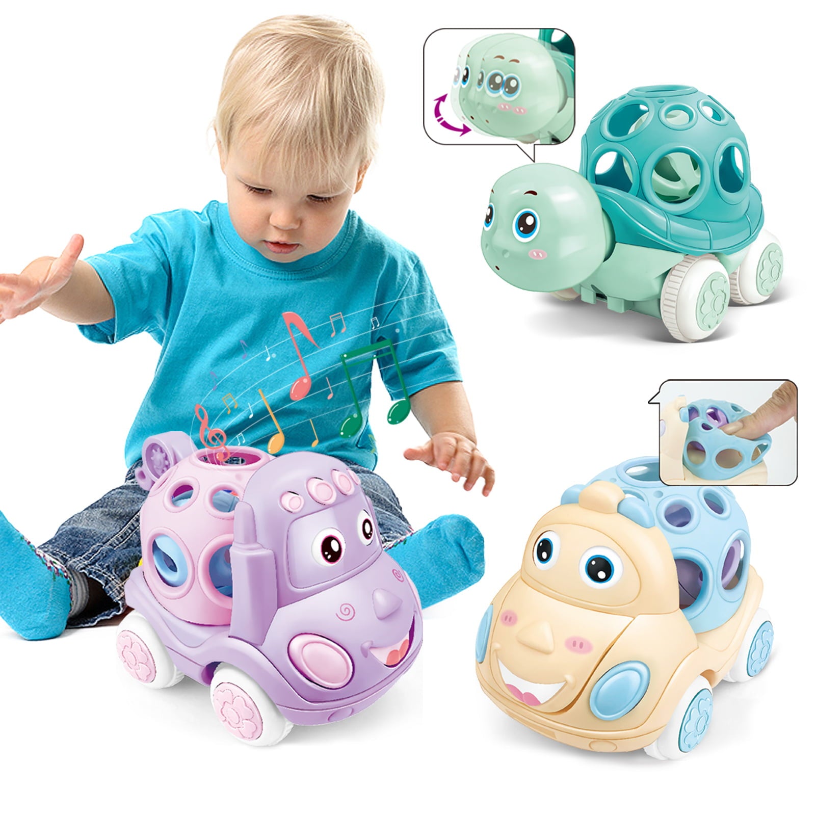 Baby Toy Cars for 1 Year Old， Toddler Soft Trucks Rattle Infant Toy 6-12 Months Boy Girl， 3 Pack Friction Powered Vehicle First Birthday for Kids