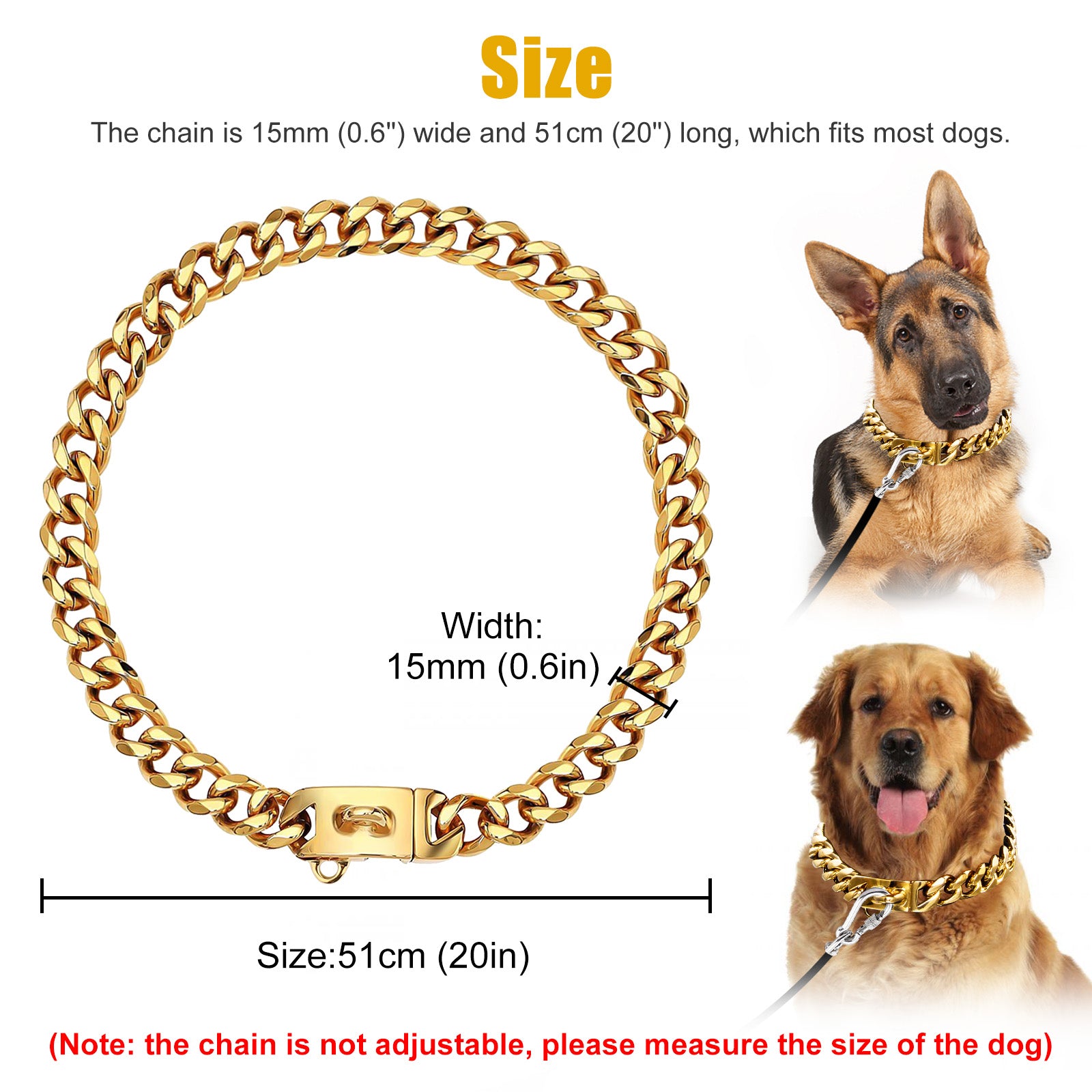 20'' Pet Chain Collar， TSV Stainless Steel Gold Pet Dog Leash Chain Collar with Design Secure Snap Buckle， Heavy Duty Chew Proof Dog Metal Chain Necklace Collar for Pets Xmas Gifts