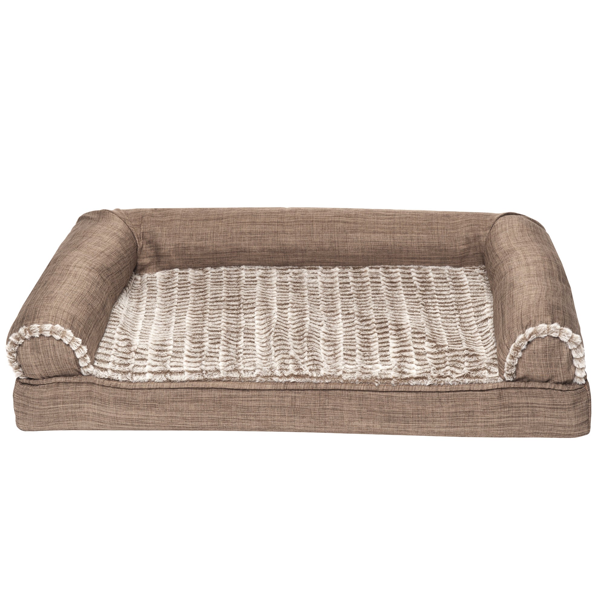 FurHaven Pet Products Orthopedic Luxe Fur and Performance Linen Sofa-Style Couch Pet Bed for Dogs and Cats， Woodsmoke， Medium