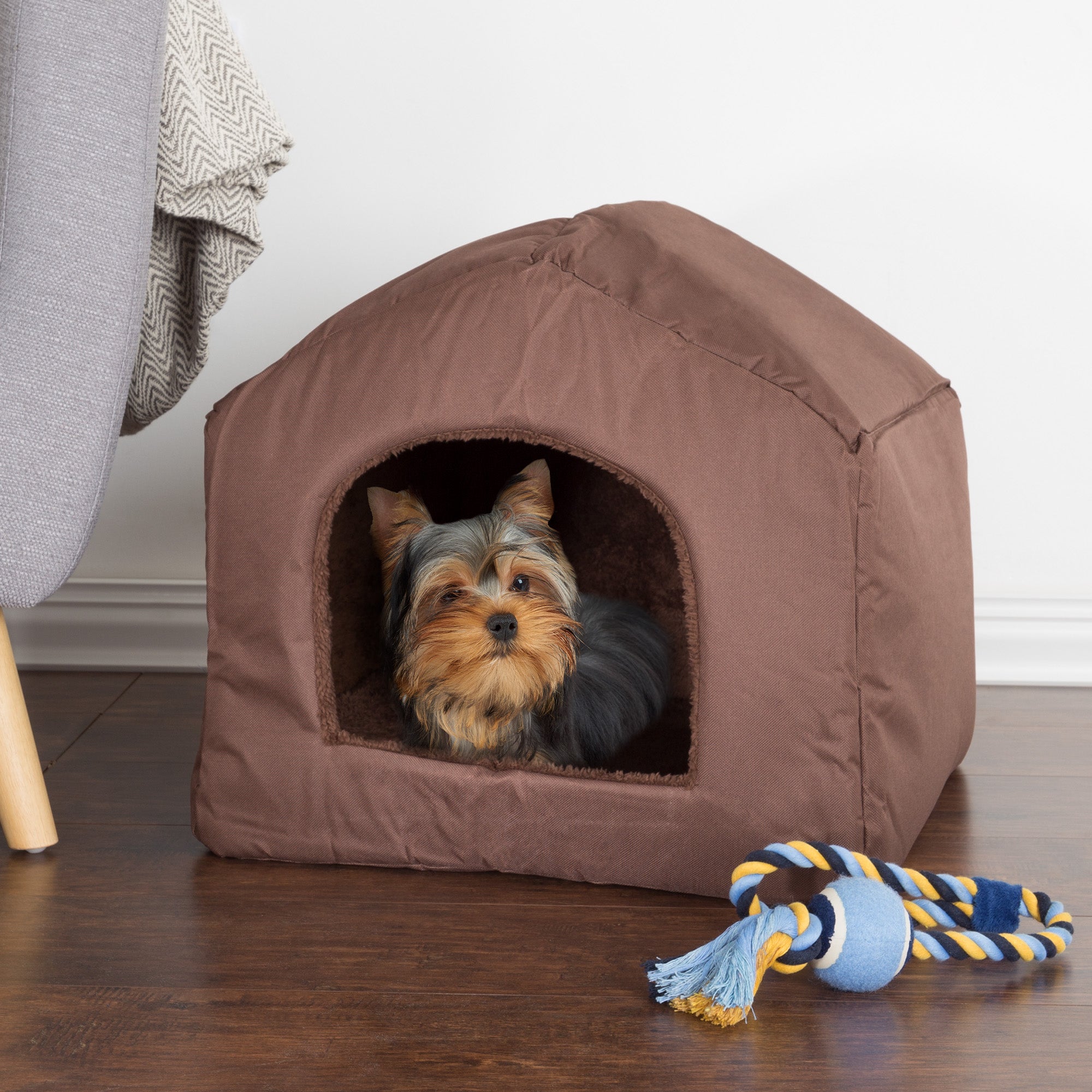 Indoor Dog House - Covered Dog Bed or Cat Cave with Removable Sherpa-Lined Foam Cushion - Pet House for Small Animals up to 35lbs by PETMAKER (Brown)