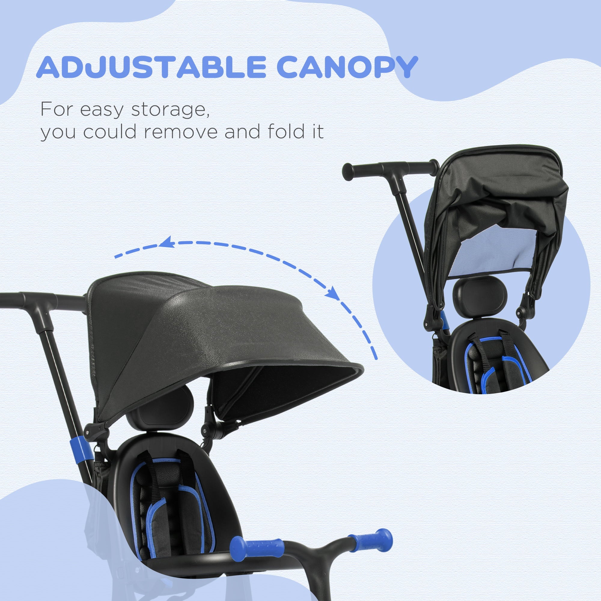 Qaba 3-in-1 Toddler Trike， Push Tricycle， and Balance Bike with Adjustable Settings， Toddler Push Bike， Baby Bike with Shady Canopy， Ages 1.5-4， Blue