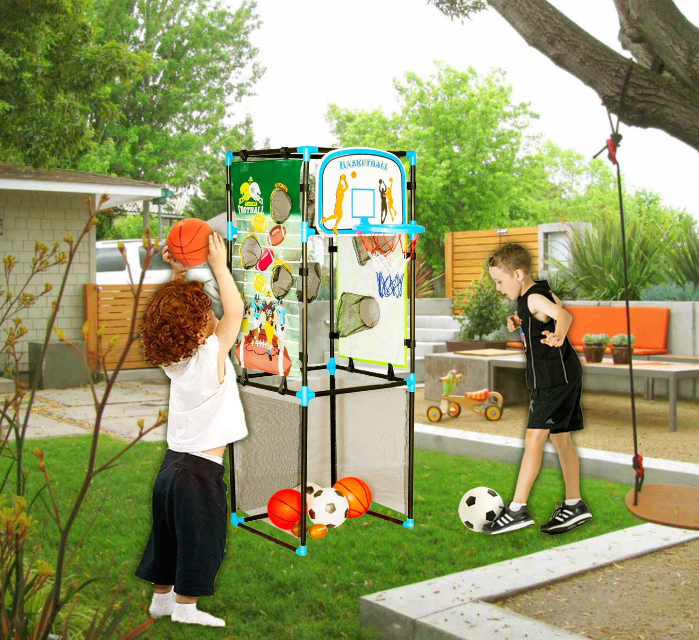 Kids Basketball Game Set - Portable Hoop Game Toy with Ball and Pump-Indoor and Outdoor Sports Arcade - Soccer Football Baseball Great Baseball Gift (4 in 1 Basketball， Football， Baseball and Soccer)