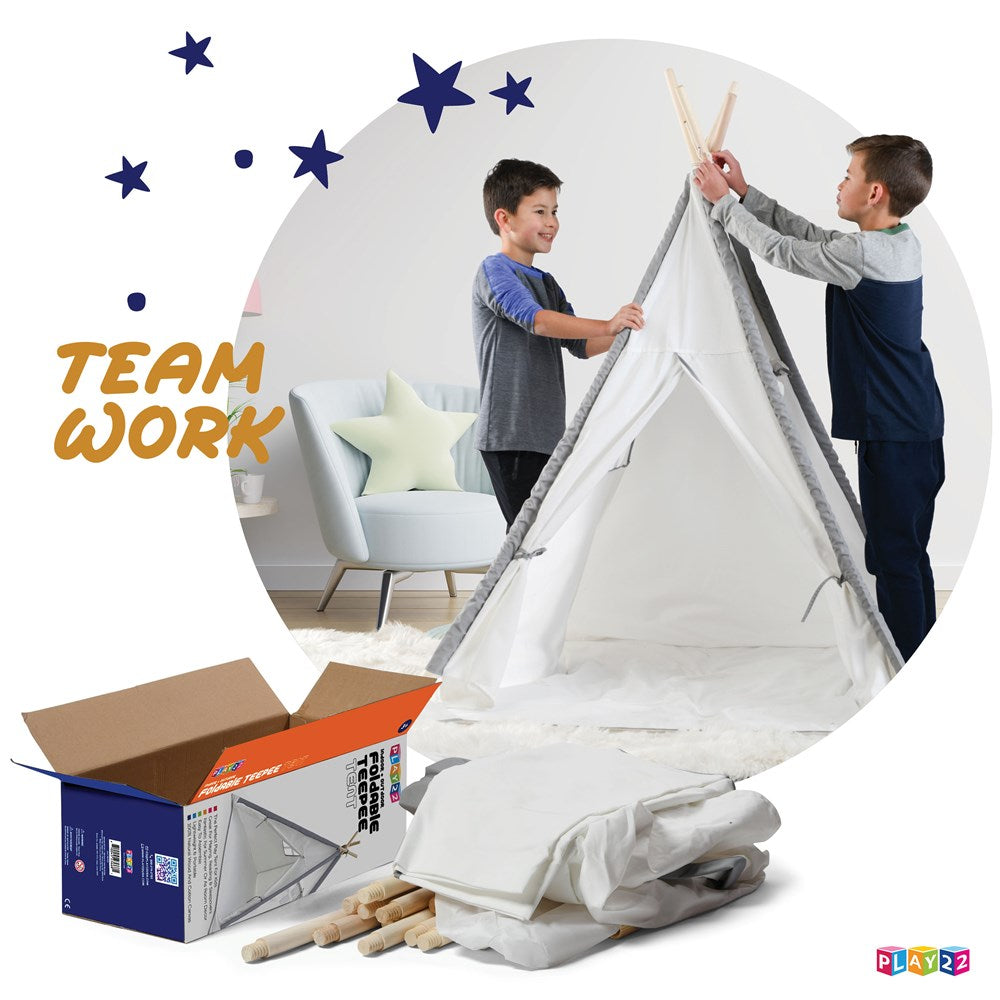 Teepee Tent For Kids With Mat - Foldable Kids Natural Cotton Canvas Teepee Play Tent With Wood Poles And Carry Case - Play Tents For Girls Boys, Indoor Outdoor Kids Playhouse Tent -Play22USA