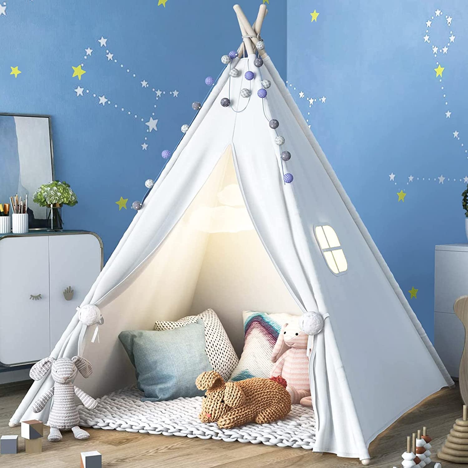 Foldable Kids Teepee Tent, Play Tents for Girl and Boy with Window Canvas Tepee Playhouse for Child Indoor Outdoor