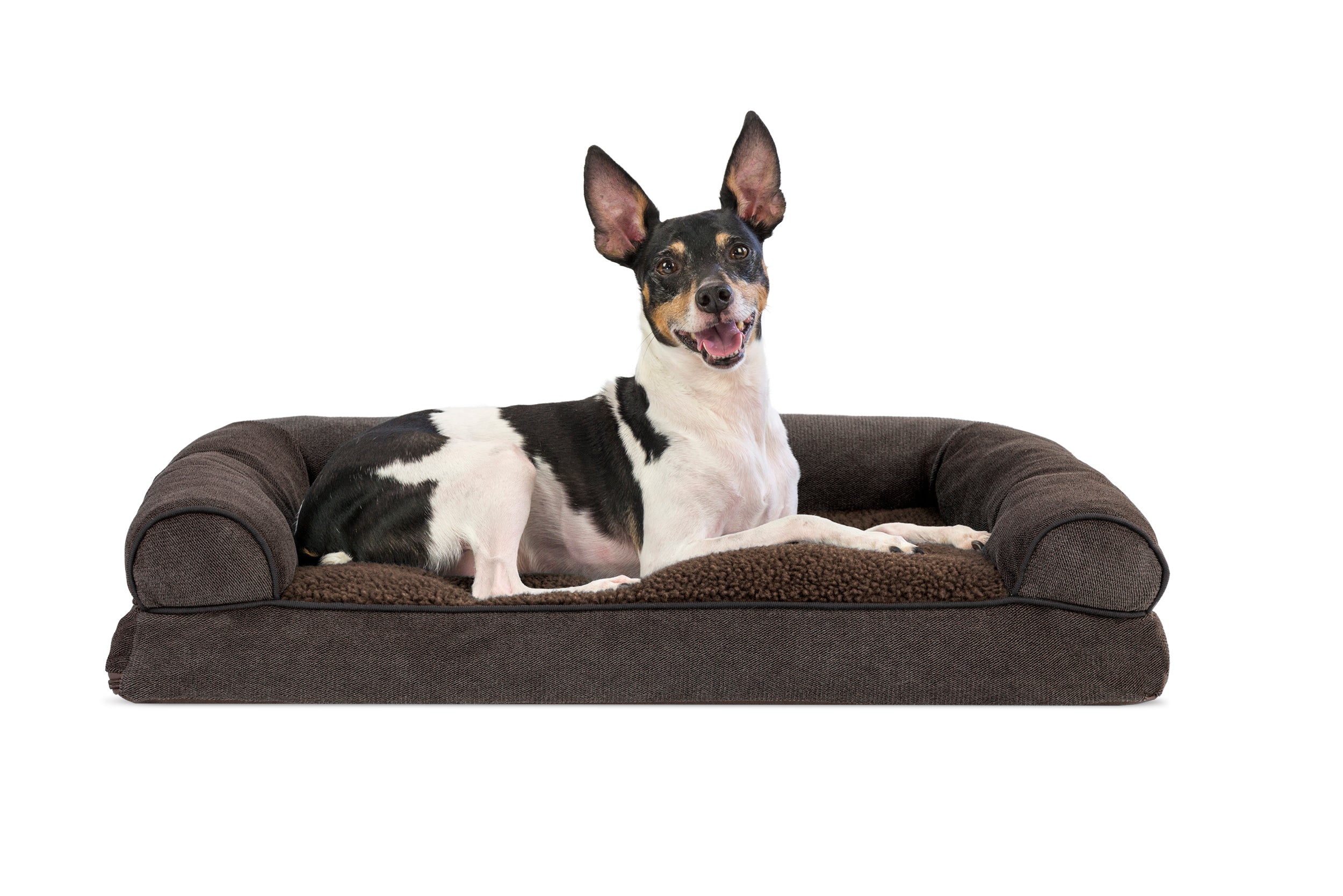 FurHaven | Faux Fleece and Chenille Soft Woven Pillow Sofa Pet Bed for Dogs and Cats， Coffee， Medium