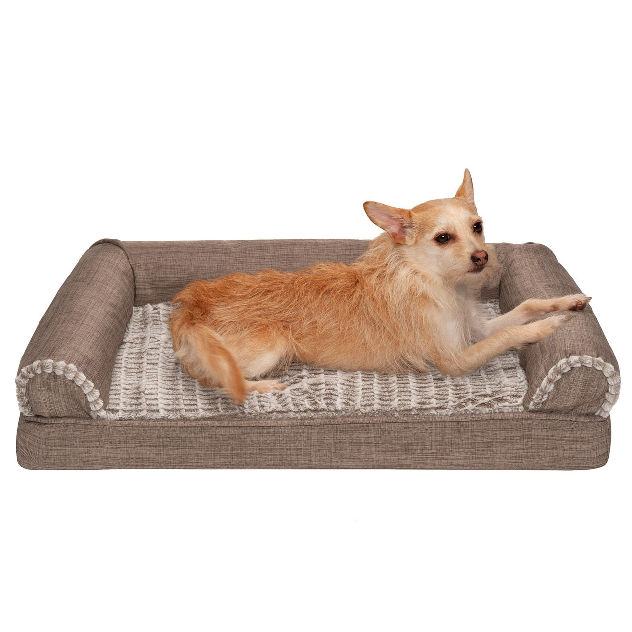 FurHaven Pet Products Orthopedic Luxe Fur and Performance Linen Sofa-Style Couch Pet Bed for Dogs and Cats， Woodsmoke， Medium