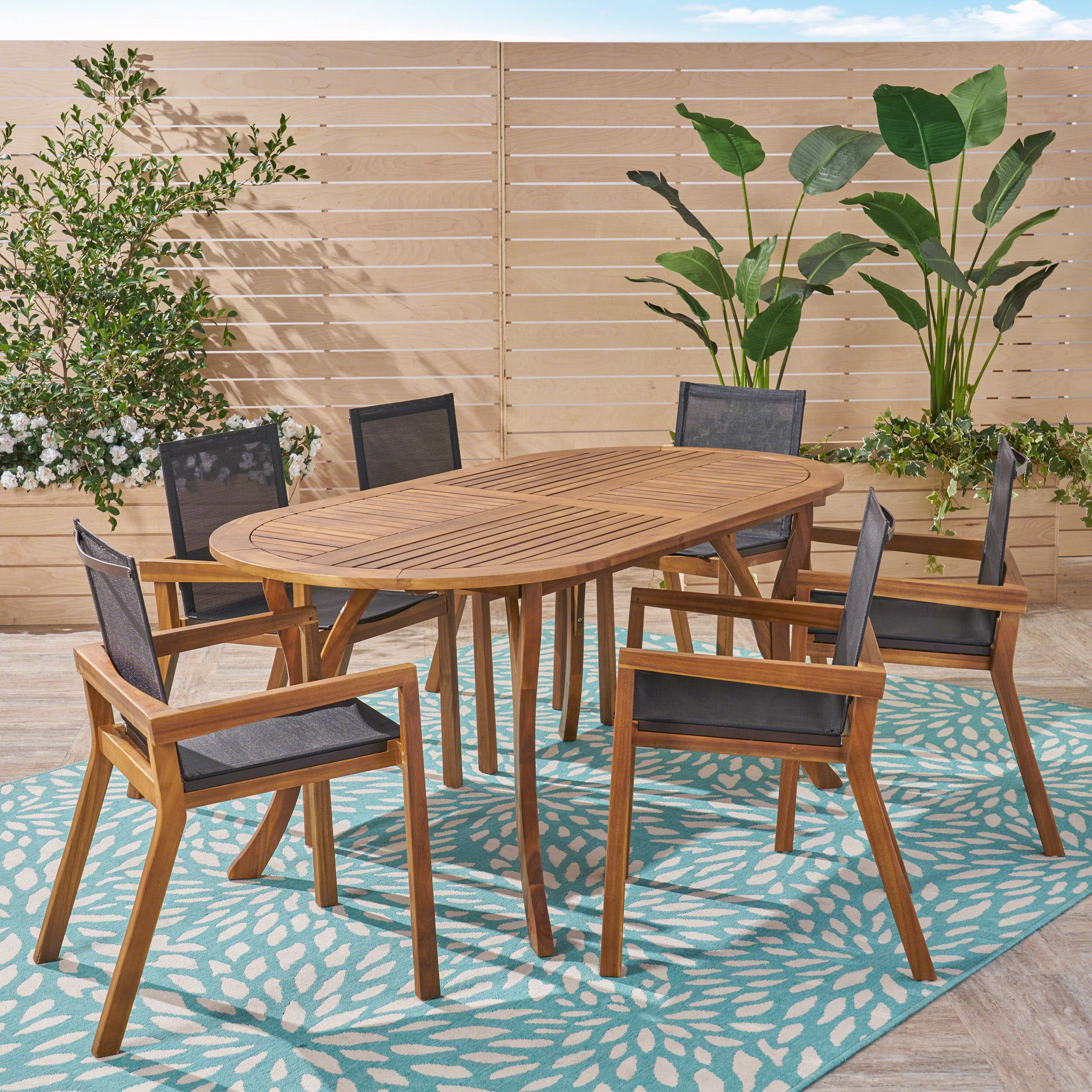 Pitt Outdoor Acacia Wood 6 Seater Patio Dining Set with Mesh Seats