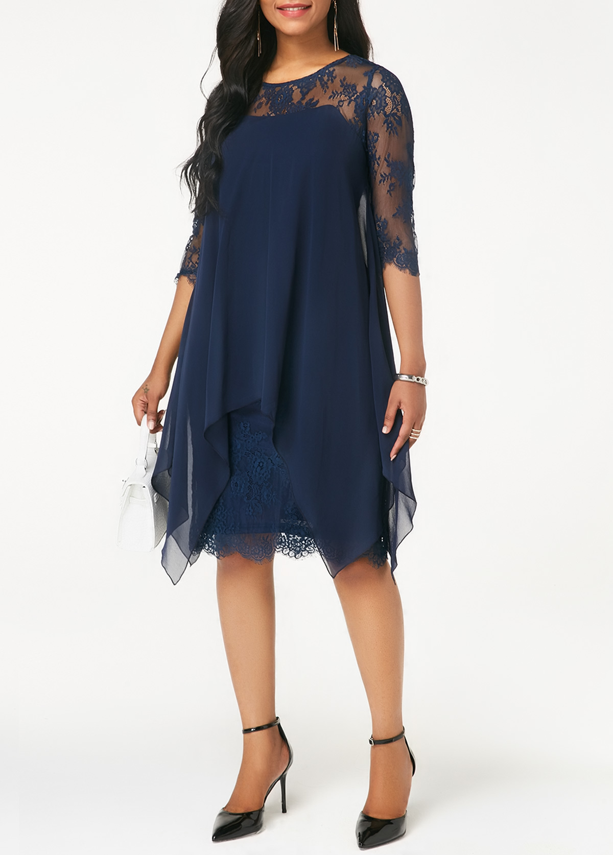 Chiffon Overlay Three Quarter Sleeve Lace Dress