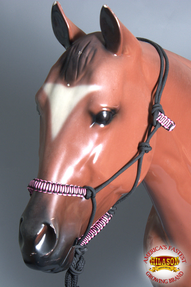 83BH Hilason Horse Poly Rope Tied Adjustable Halter 8 Ft Lead Rope Black Pink