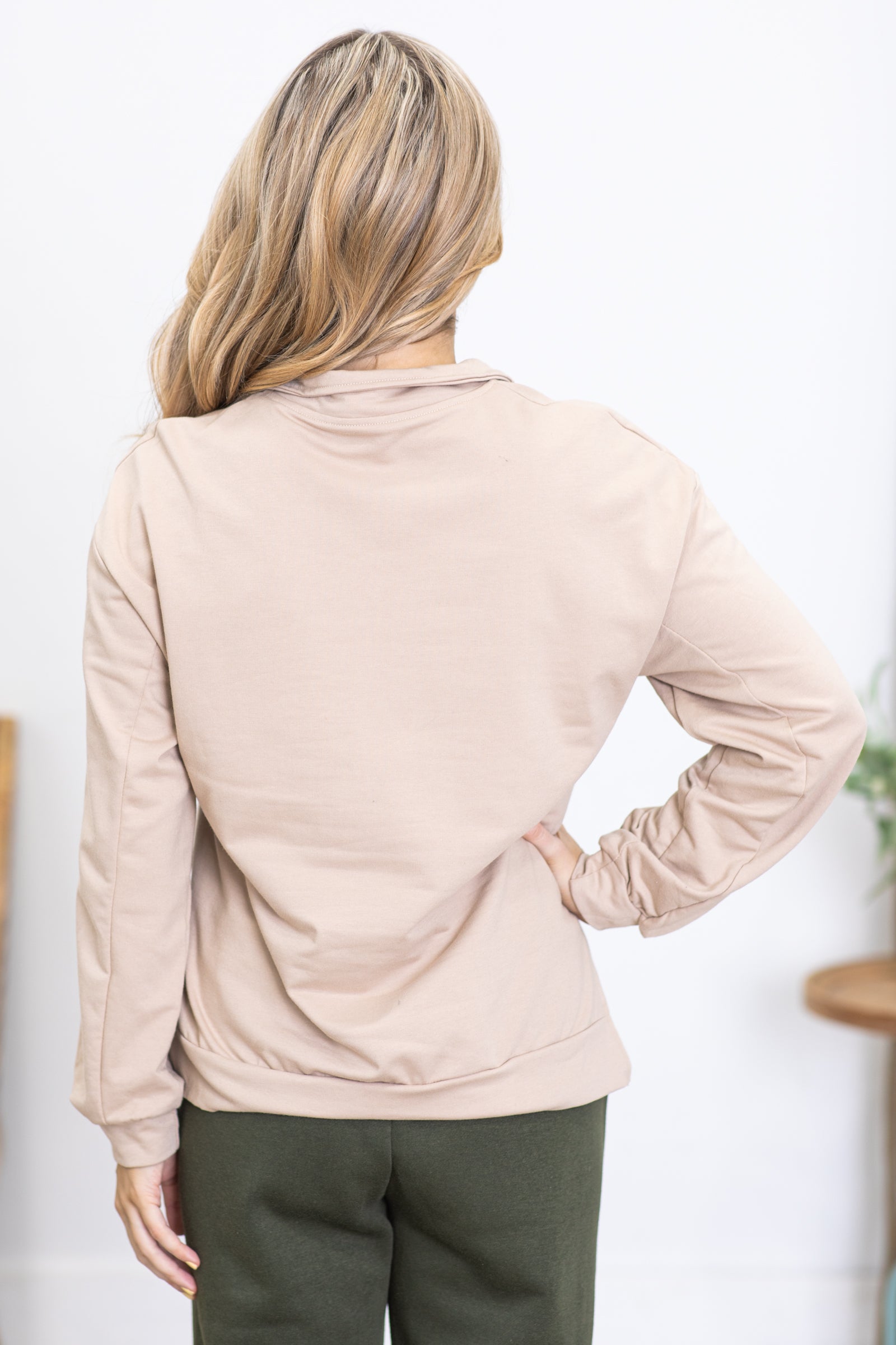 Beige Kangaroo Pocket Half-Zip Up Top