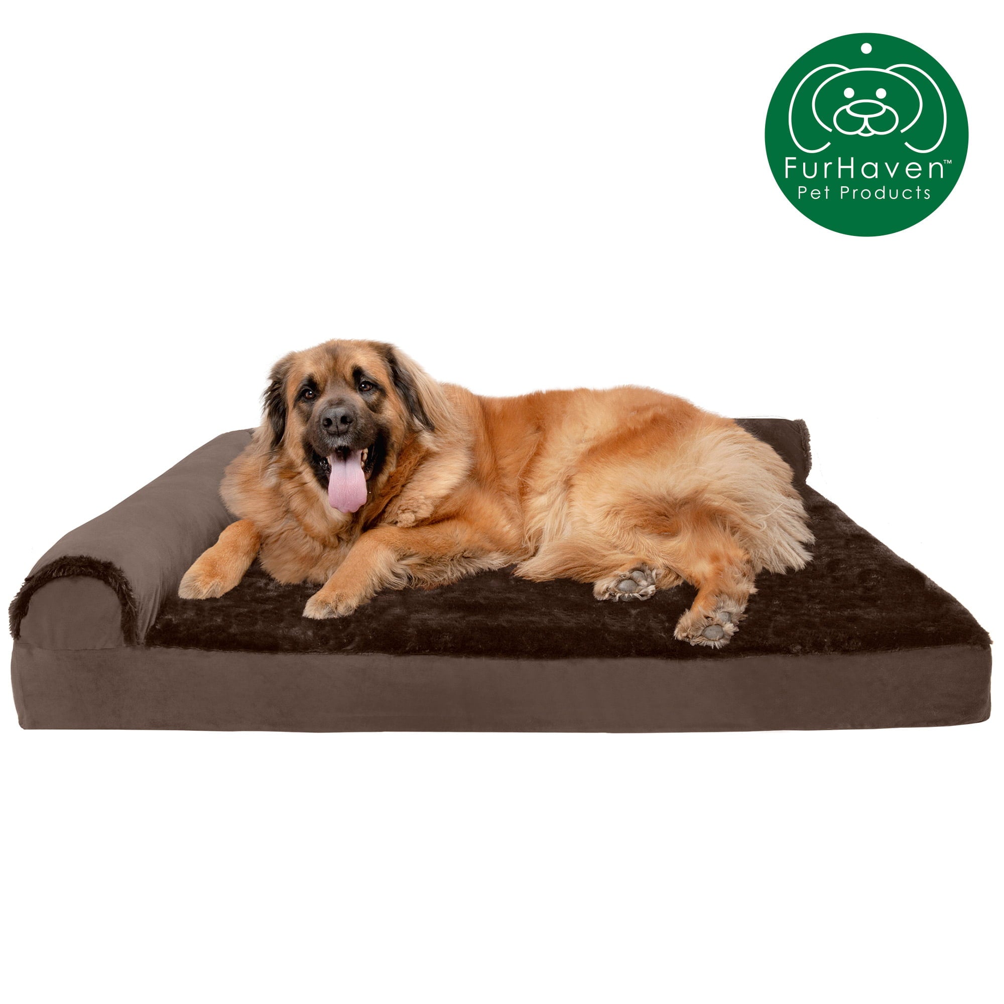 FurHaven Pet Products | Deluxe Orthopedic Plush and Velvet L-Shaped Chaise Couch Pet Bed for Dogs and Cats， Sable Brown， Jumbo Plus