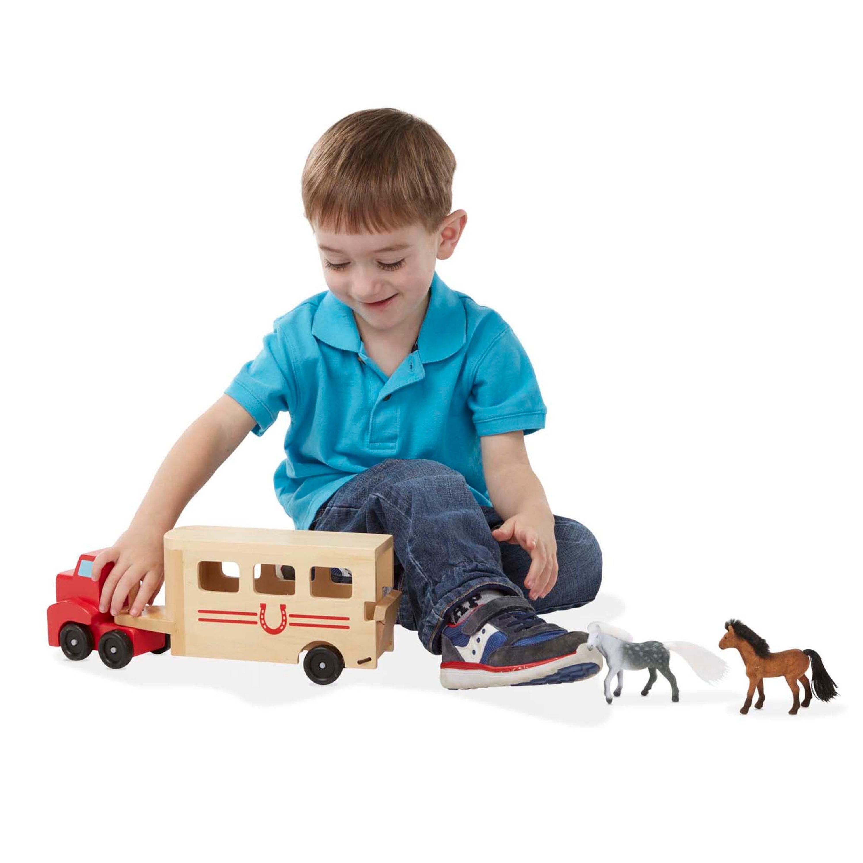 Melissa and Doug Horse Carrier Wooden Vehicle Play Set With 2 Flocked Horses and Pull-Down Ramp