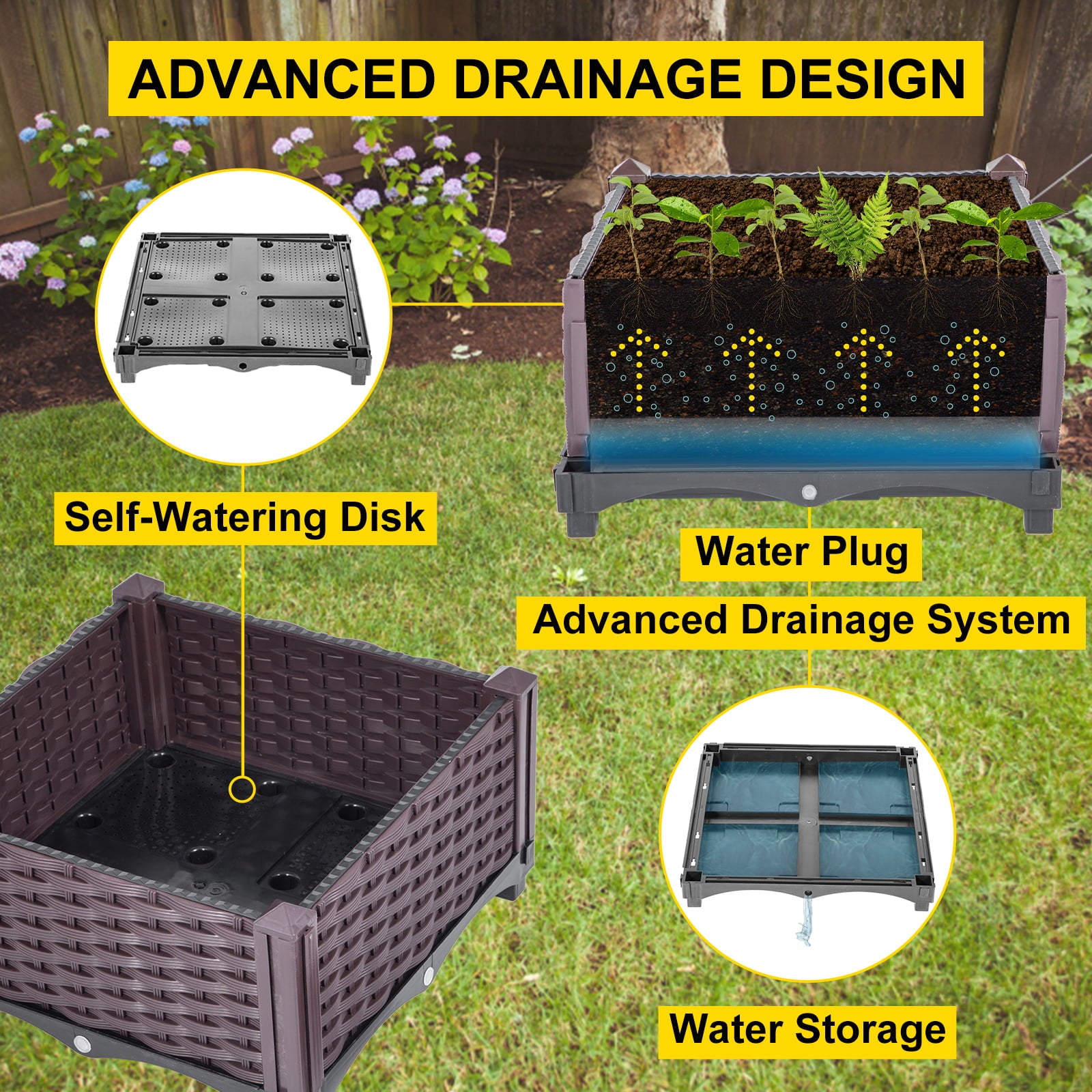 VEVOR Raised Plastic Garden Bed, Set of 4 Elevated Planter Box , 15.7"H Square Flower Bed Box Kit, Elevated Raised Garden Planter with Legs for in/Outdoor