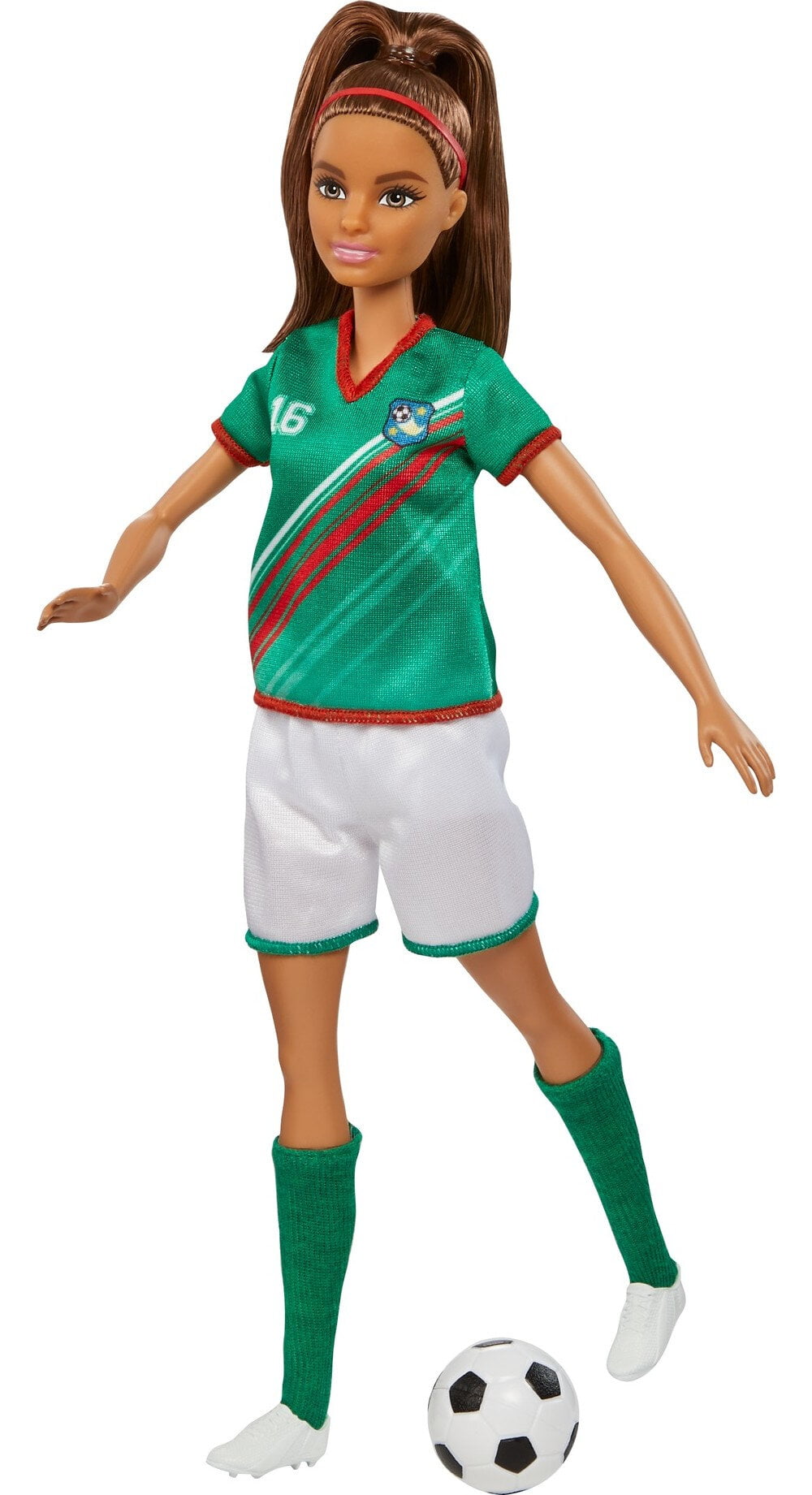 Barbie Soccer Fashion Doll Dressed in Cleats, Colorful #16 Uniform & Tall Socks, Brunette Ponytail