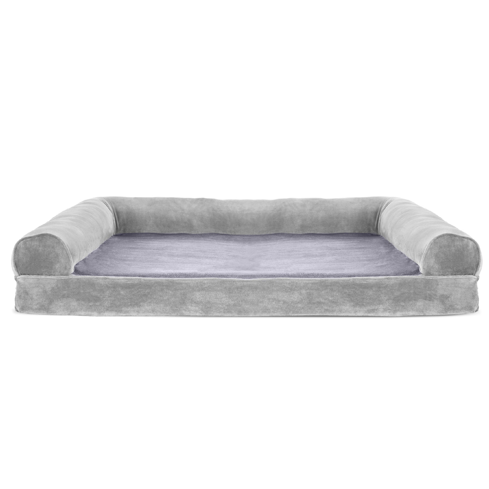 FurHaven | Orthopedic Faux Fur and Velvet Sofa Pet Bed for Dogs and Cats， Smoke Gray， Jumbo