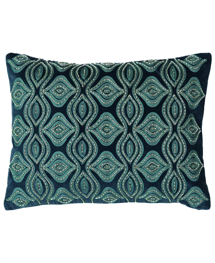 Mod Lifestyles Holiday Blue Collection Flor Beads Velvet Embroidery Pillow， 14