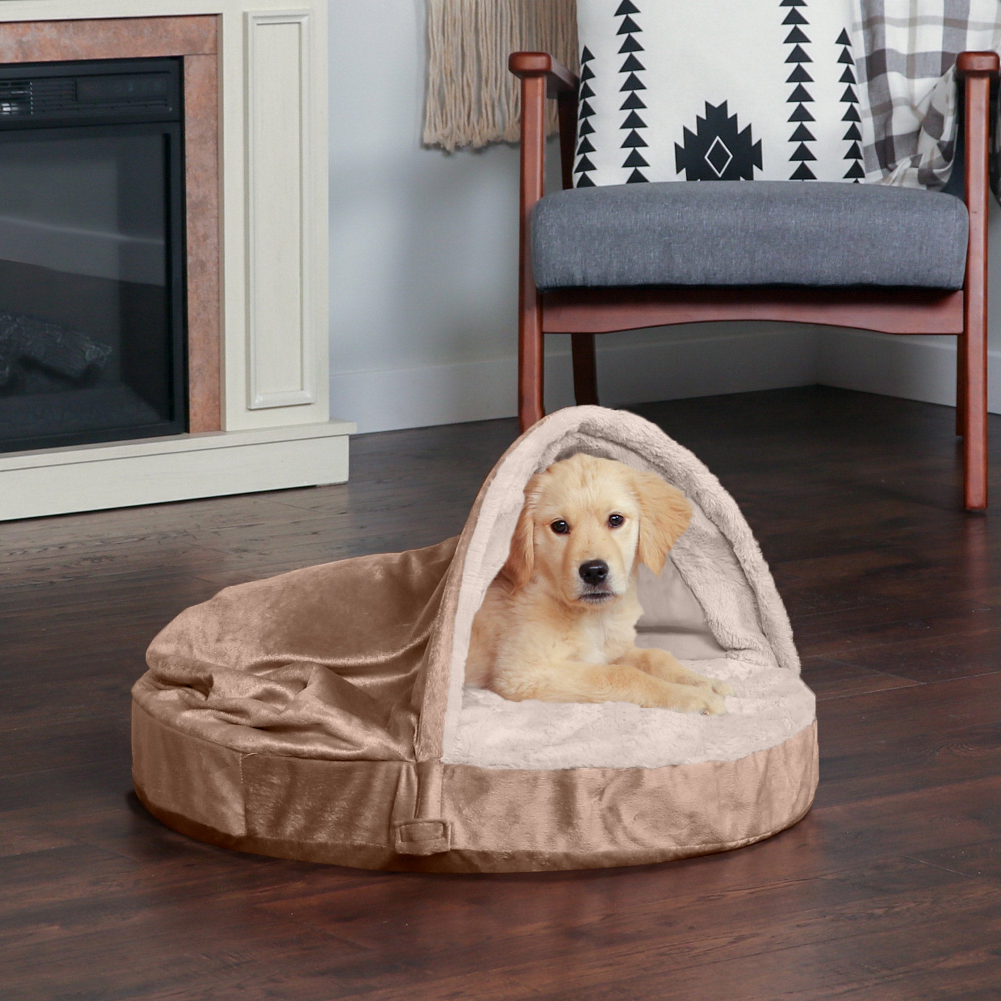 FurHaven | Memory Foam Wave Fur and Velvet Snuggery Burrow Pet Bed for Dogs and Cats， Brownstone， 26-Inch