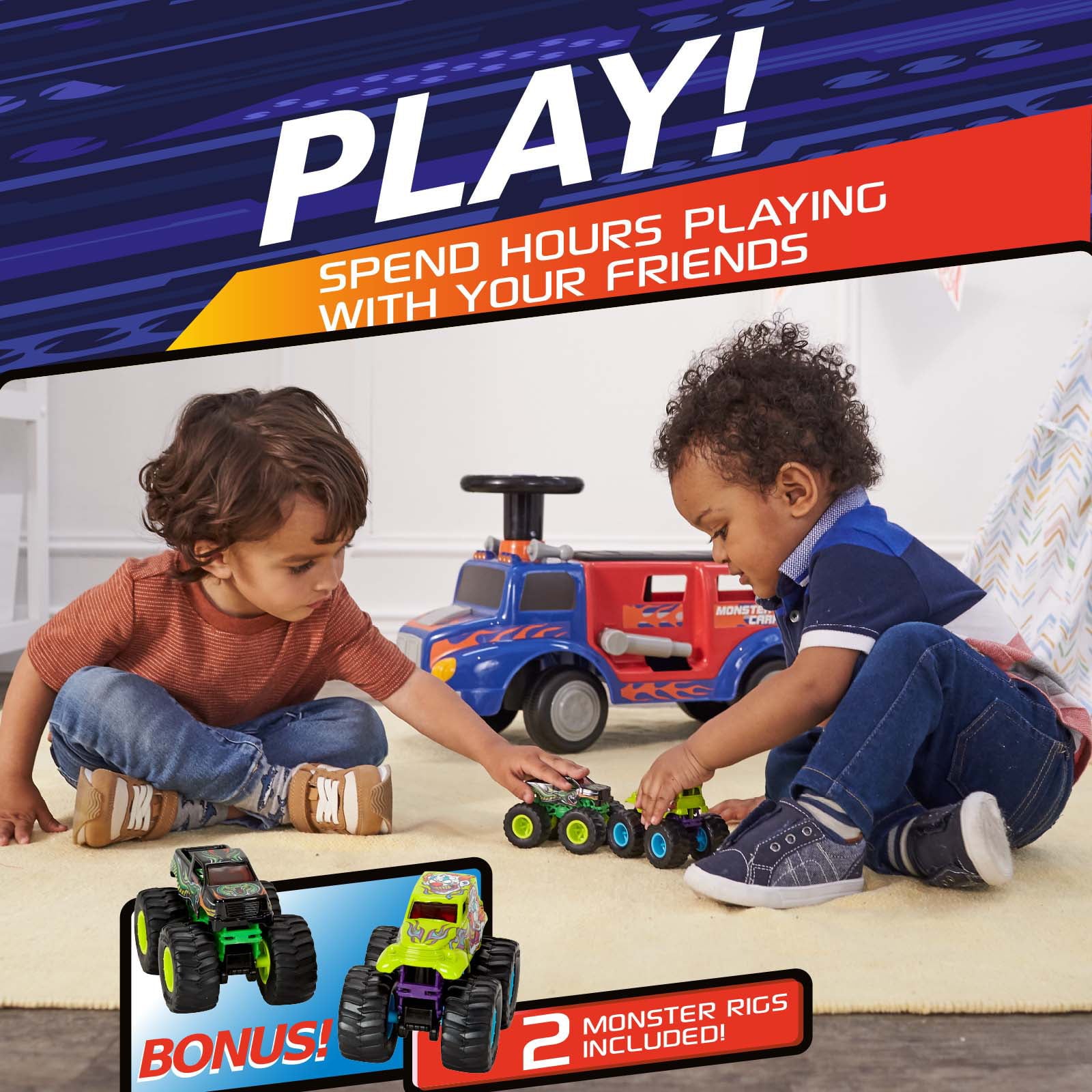 Ride On Toy Adventure Force Monster Rig Carrier Transportation Ride on for Kids 1-3 Years Old， Supports up to 44lbs