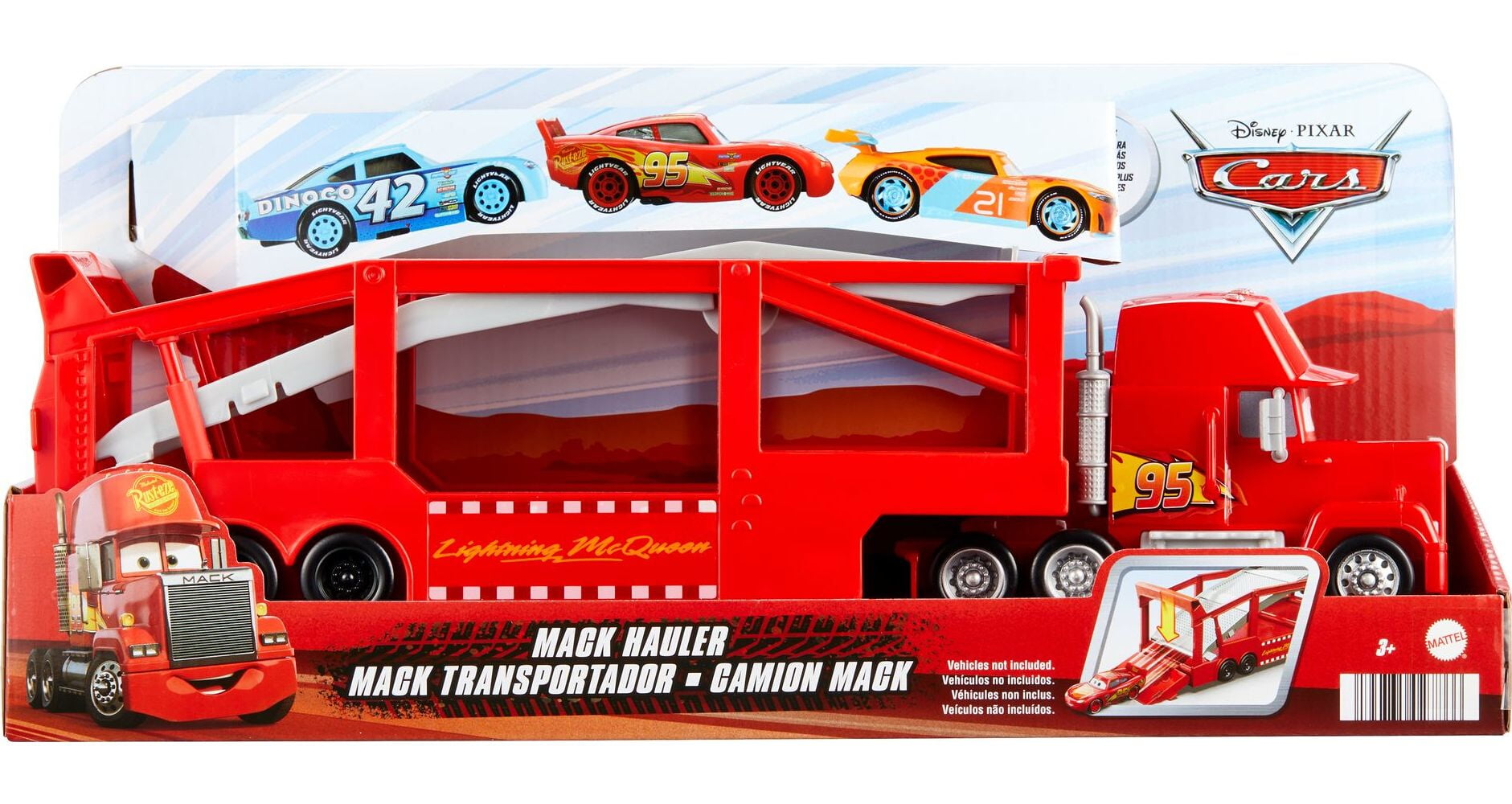 Disney and Pixar Cars Mack Hauler Truck with Ramp， 13-inch Toy Transporter with Storage for 12 Cars