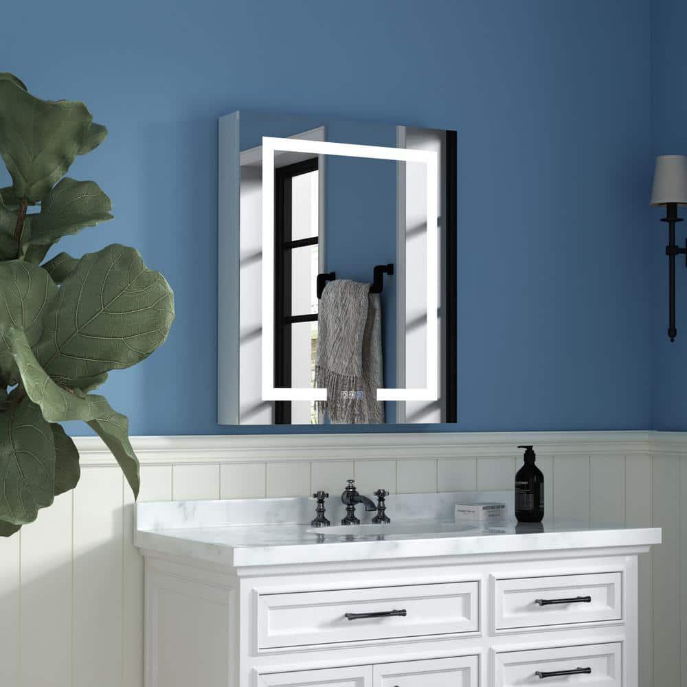 ExBrite 24 in W x 30 in H Rectangular Silver Aluminum RecessedSurface Mount Left Dimmable Medicine Cabinet with Mirror