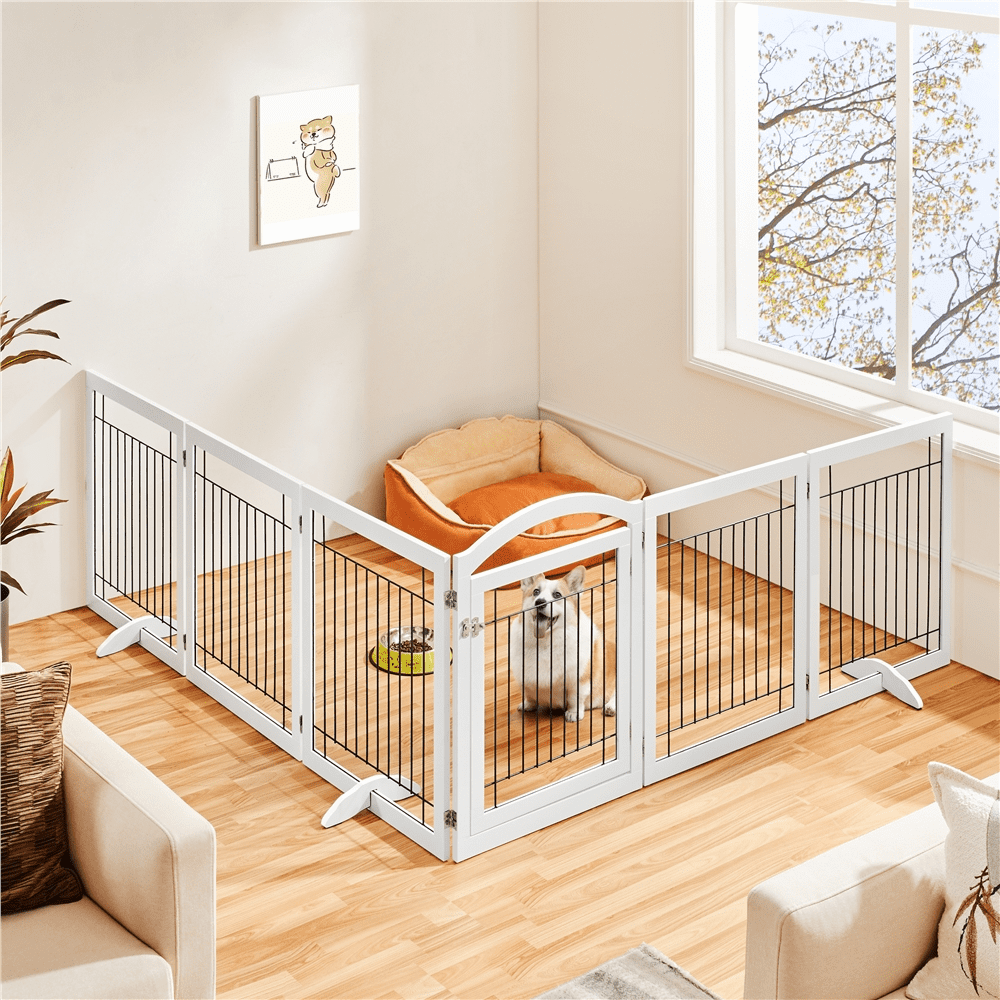 Topeakmart Topeakmart 34″H 6-Panel Foldable Pet Gate Puppy Safety Fence with Door for Dogs， White