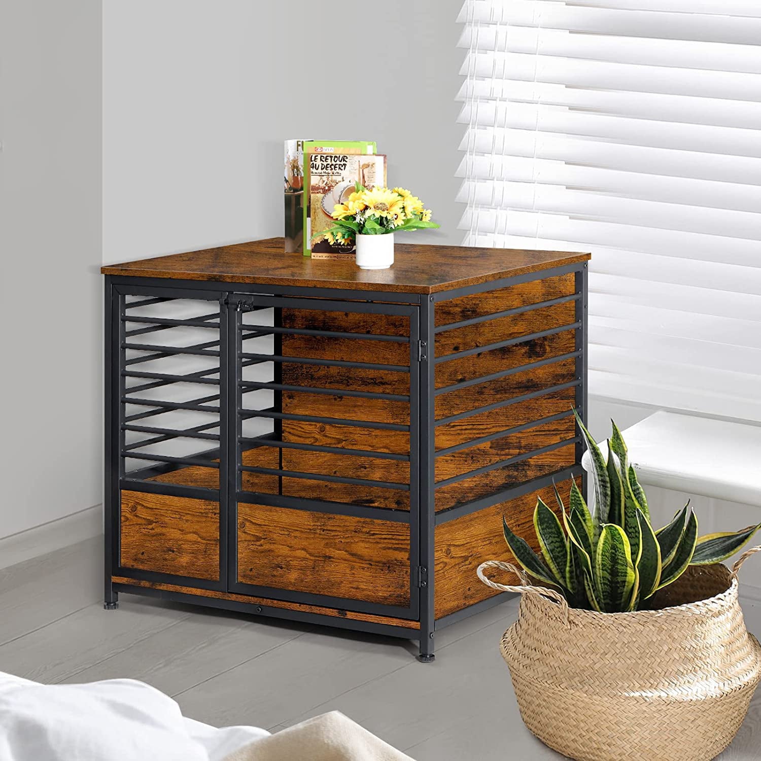 Oumilen Medium Dog Crate Cage Living Room Side End Table， Brown