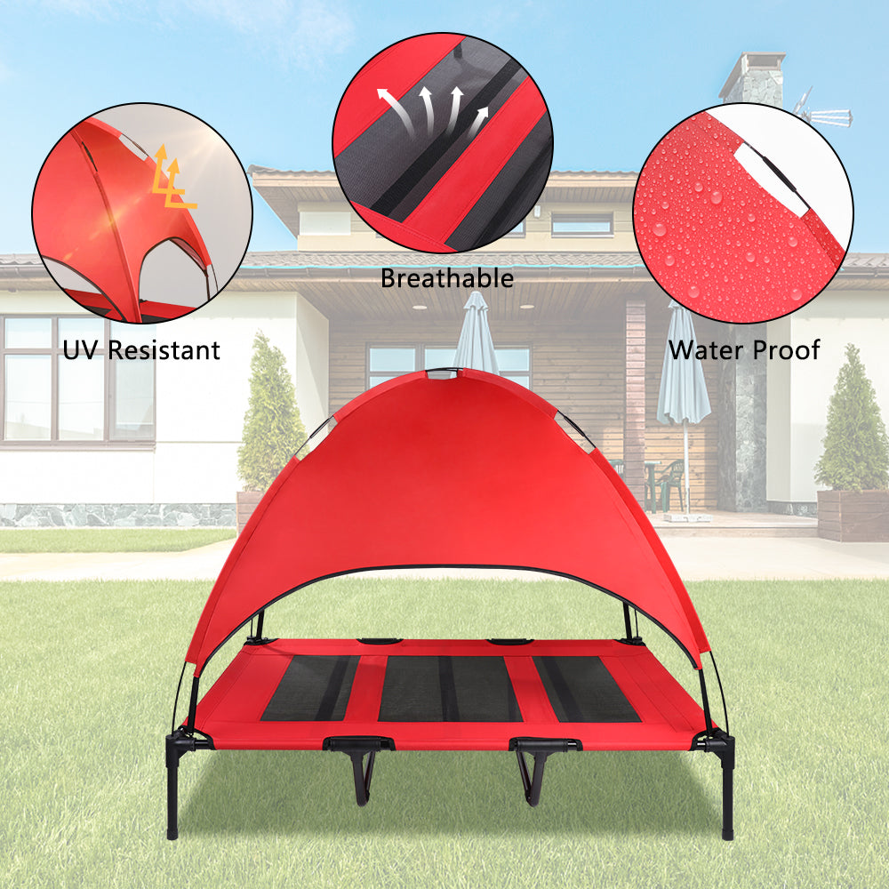 SMONTER Elevated Dog Bed with Canopy， Outdoor Pet Cot with Removable Canopy Shade， Portable Raised Dog Bed with Stable Frame and Breathable Mesh for Small， Medium， Large Dogs， Extra Large， Red
