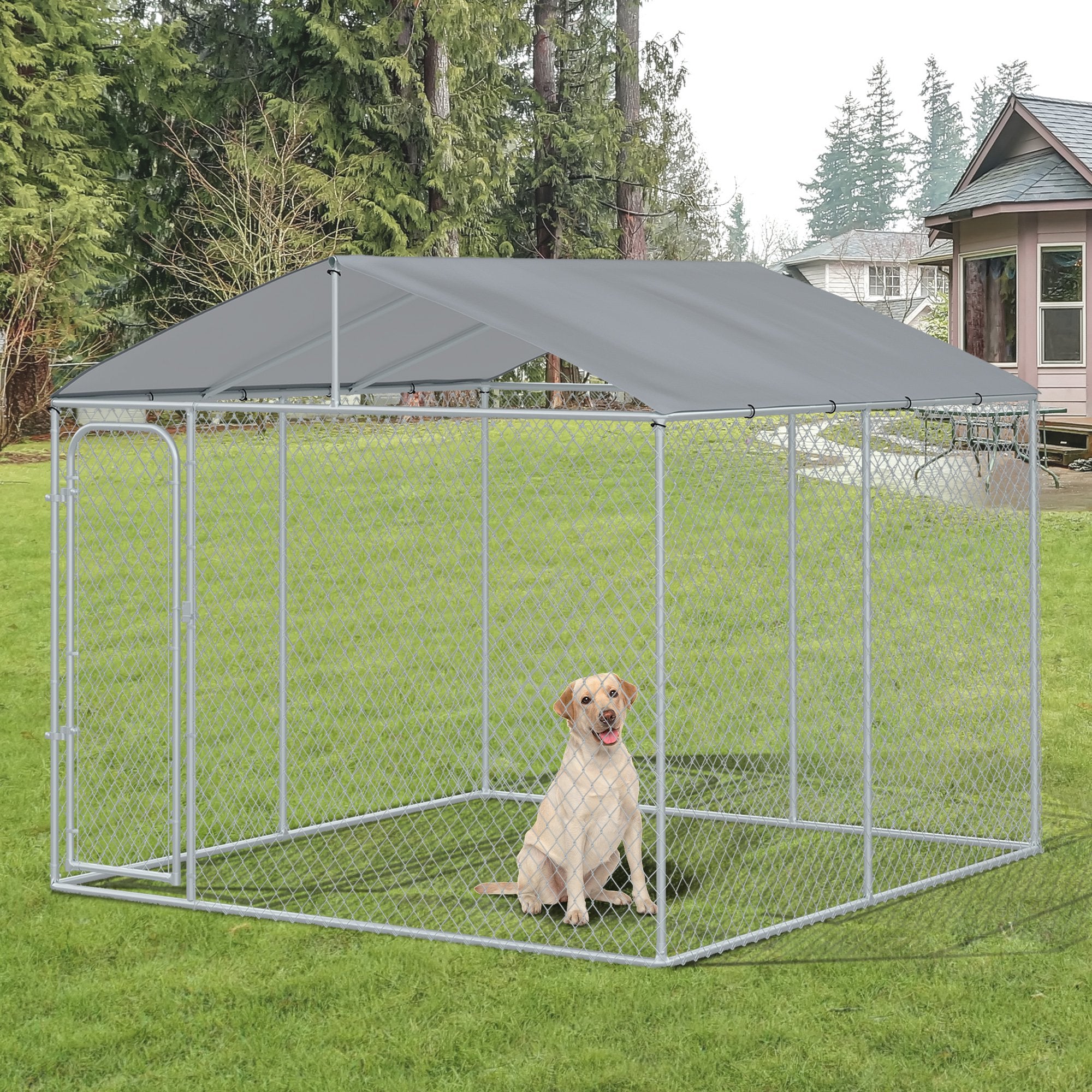 Carevas 9.8'x9.8' Large Outdoor Dog Kennel Galvanized Steel Fence with Cover