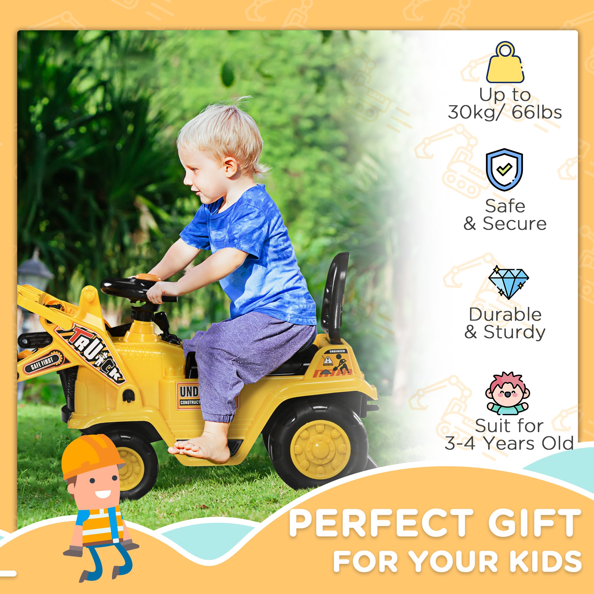 Aosom Kids Excavator Ride-on Pulling Cart with Sound Effects， Kids Digger Sit n Scoot Ride-on Toy for Toddler or Preschool Age with Under-Seat Storage， Treaded Wheels