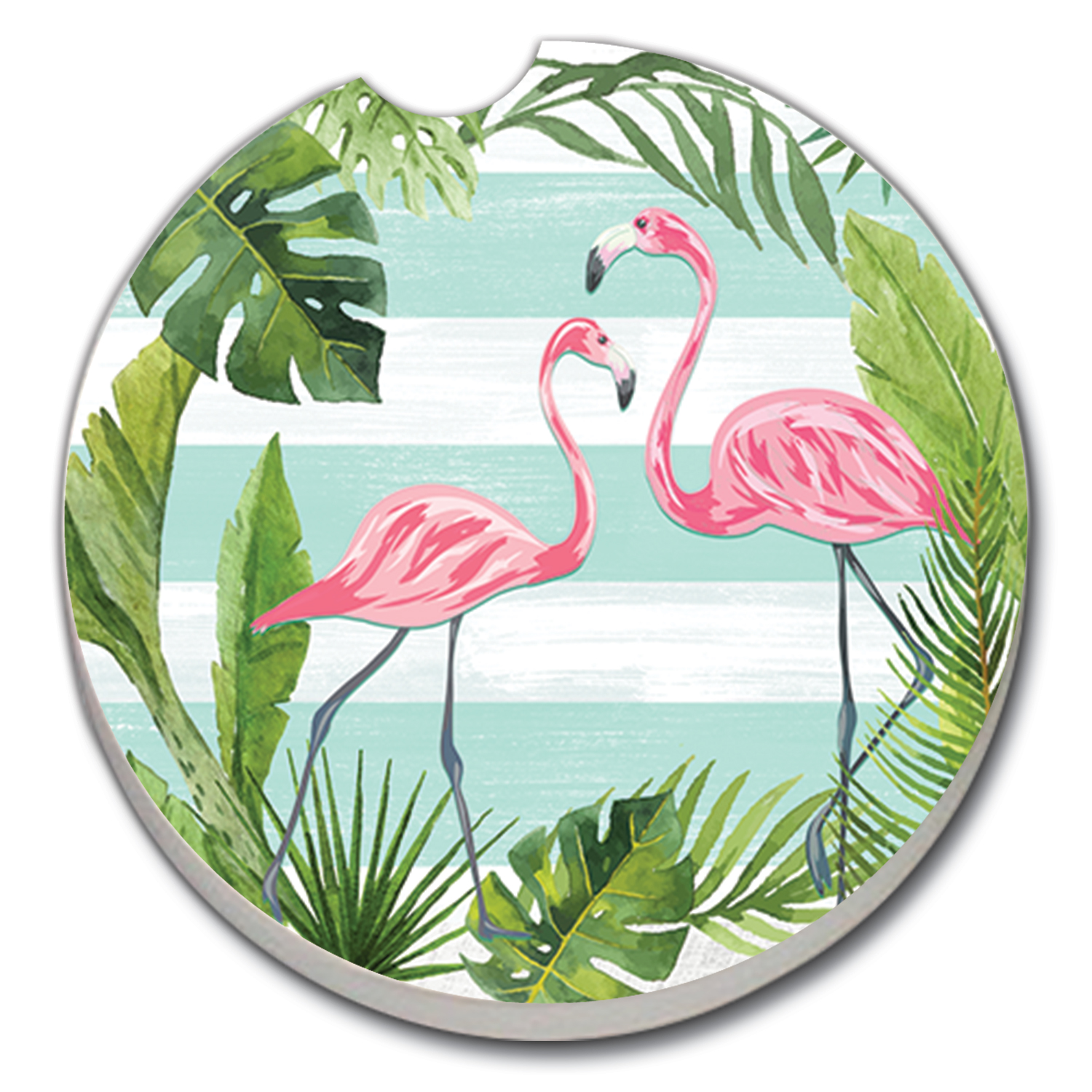Absorbent Stoneware Car Coaster， Flamingo Stripes， Set of 2