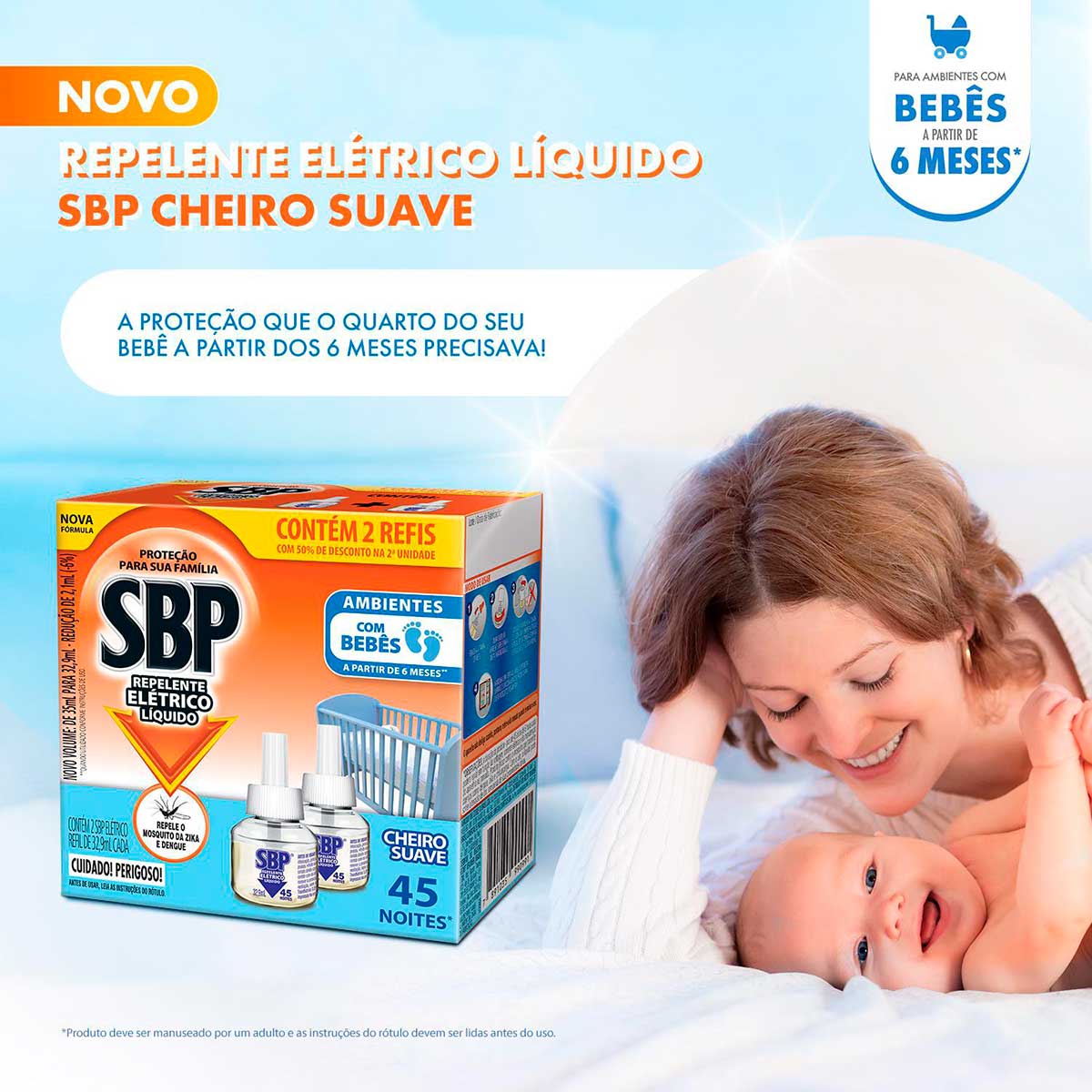 Repelente Eletrico Liquido SBP 45 Noites Cheiro Suave com 2 unidades de 32,9ml
