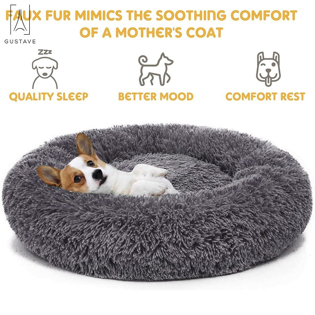 Gustave Calming Dog Beds， Self-Warming Round Pet Bed Cushion， Luxurious Faux Fur Donut Cuddler Soft Plush Comfortable for Sleeping 