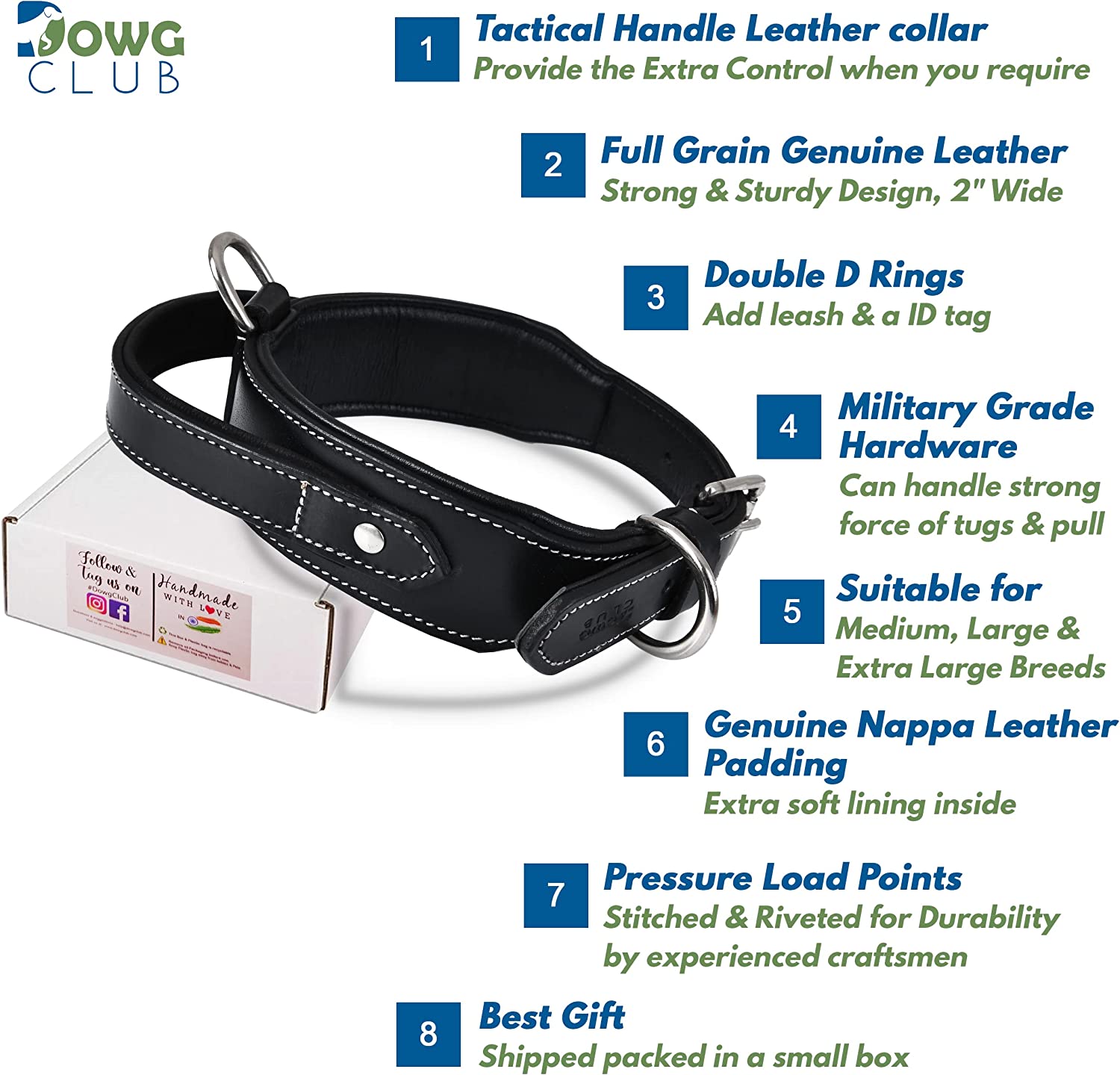 DowgClub | Genuine Leather Heavy Duty Tactical Dog Collar with Handle | Saddle Grade， Full Grain， Heavy Duty | Comfortable， Cushion Padding Inside， Strong | Best for Medium， Large and X-Large Breeds