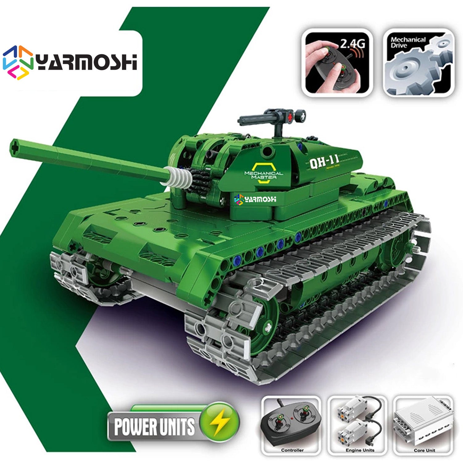 YARMOSHI RC Building Blocks Tank Green Engineering Educational STEM Gift for Boys and Girls Model Cars Kit 453 PCS Remote Control USB Charger for Kids Teens Adults
