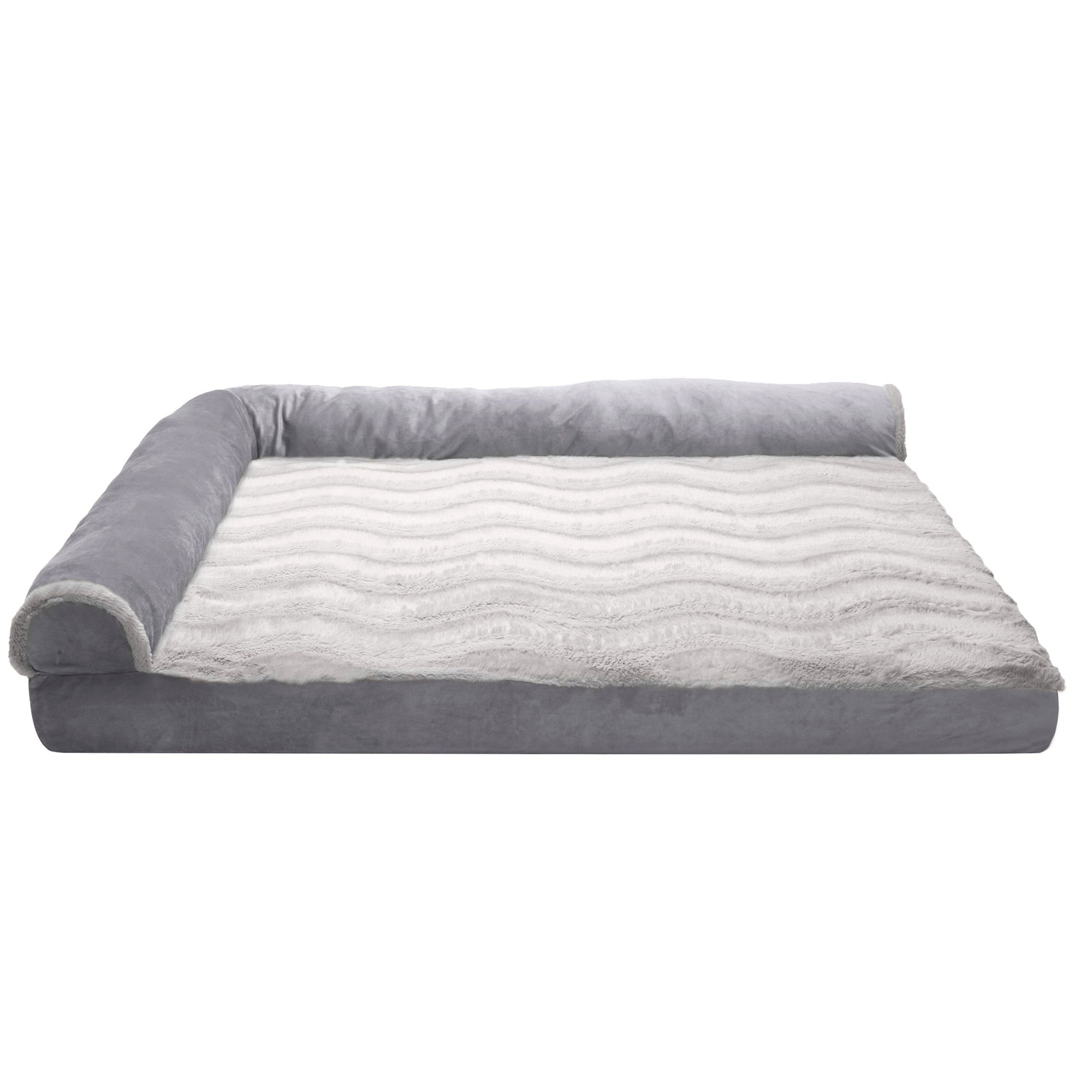 FurHaven | Deluxe Orthopedic Wave Fur and Velvet L-Chaise Lounge Pet Bed for Dogs and Cats， Granite Gray， Jumbo